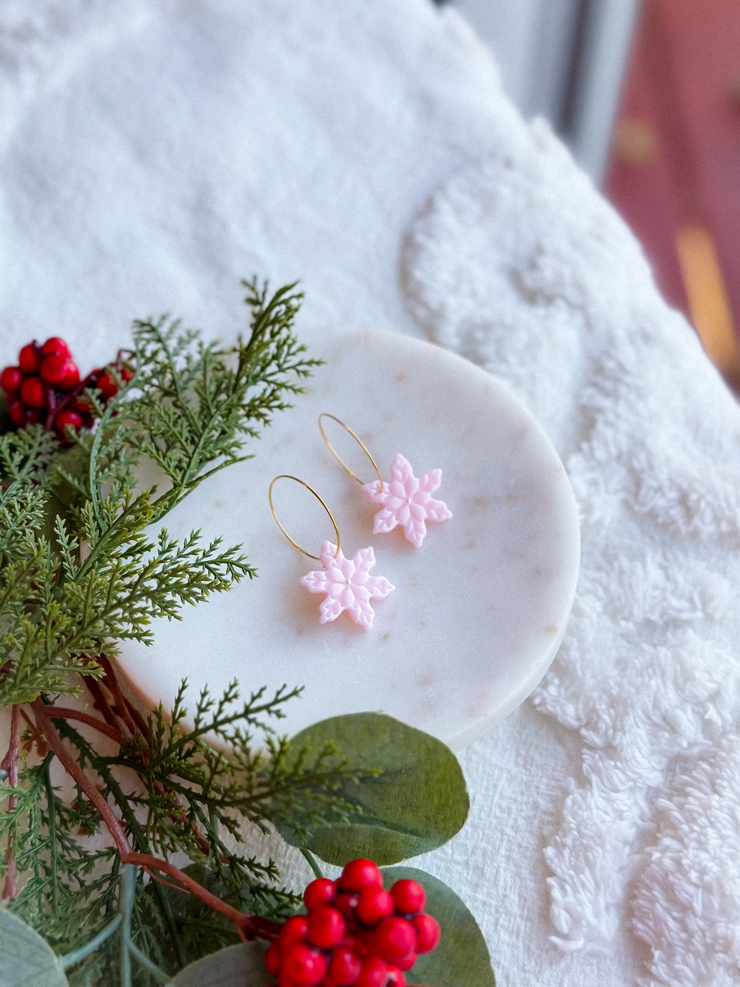 Ice Queen Pink Pearl Shimmer Snowflake Gold Hoops