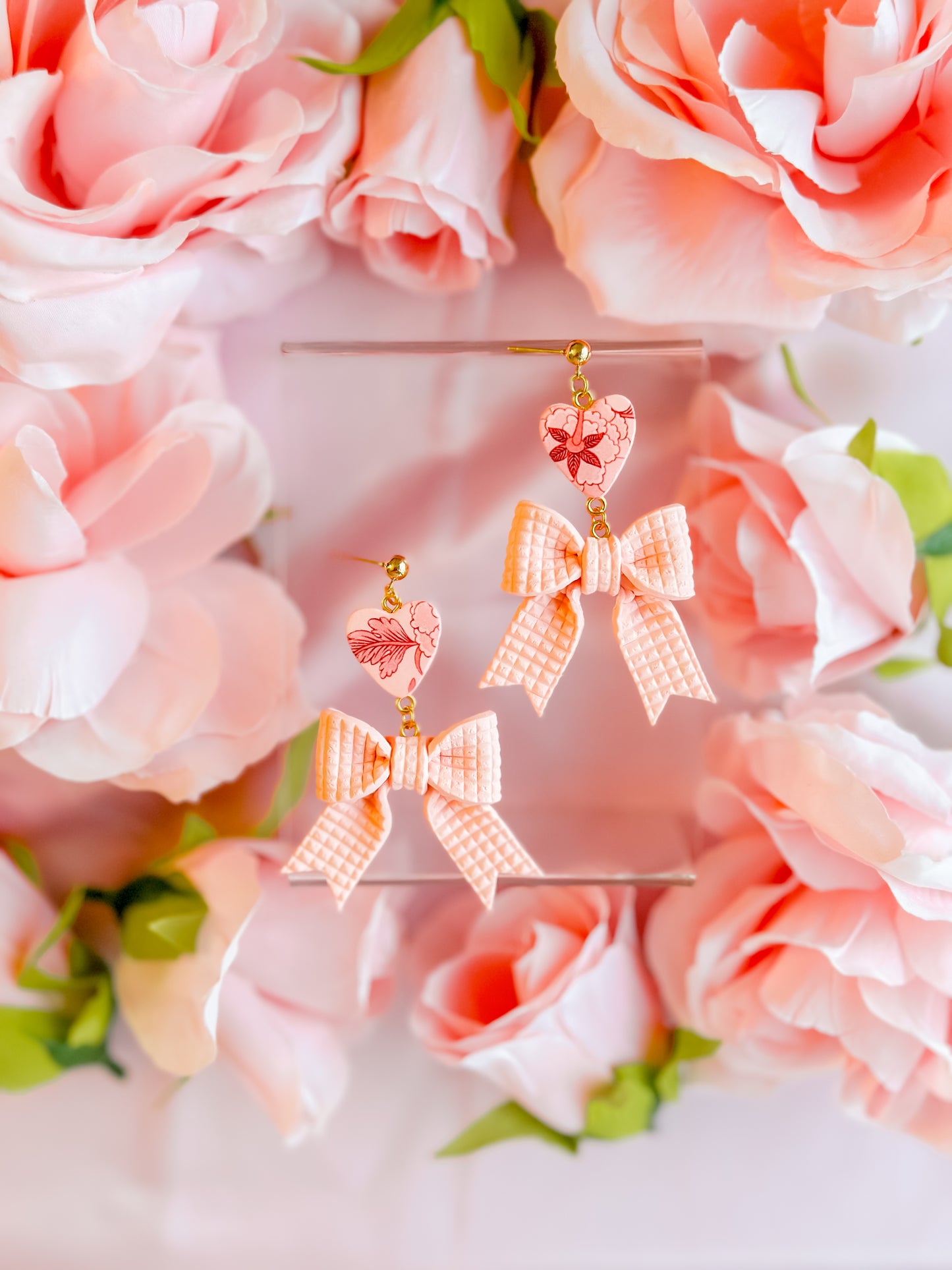 Peach Fuzz Bows w/ Chinoiserie Hearts Dangles