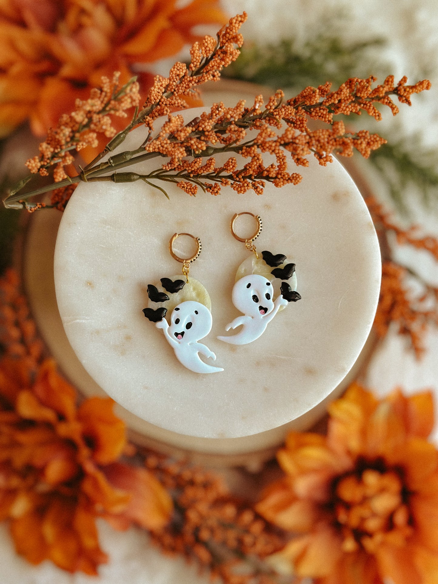 Casper glow in the dark full moon polymer clay earrings Halloween moon drops