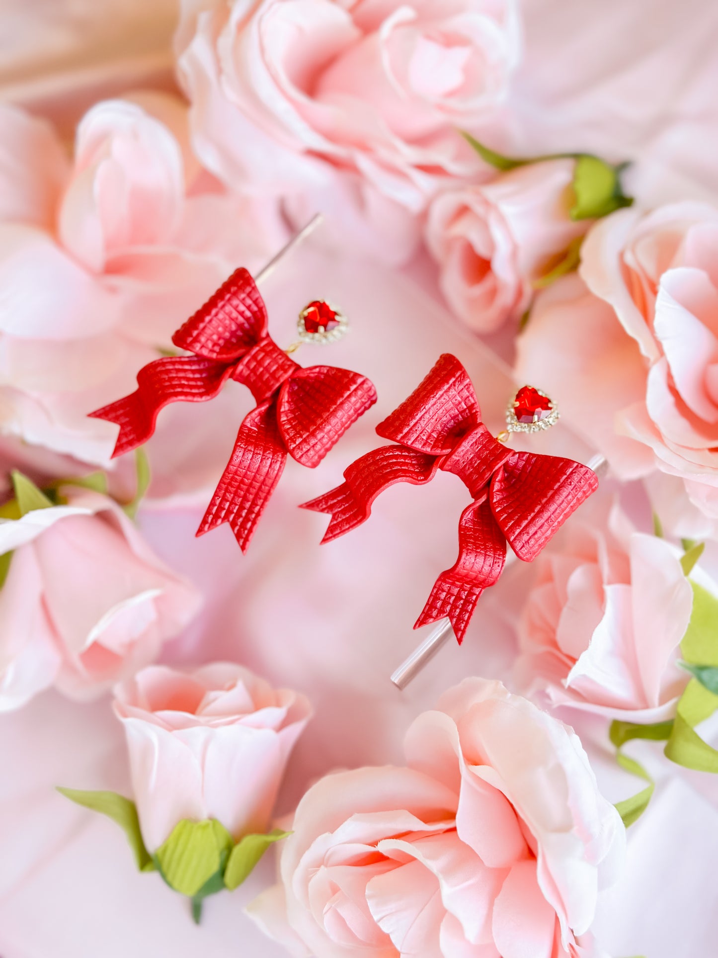 Ruby Red Bows Heart Charm Dangles