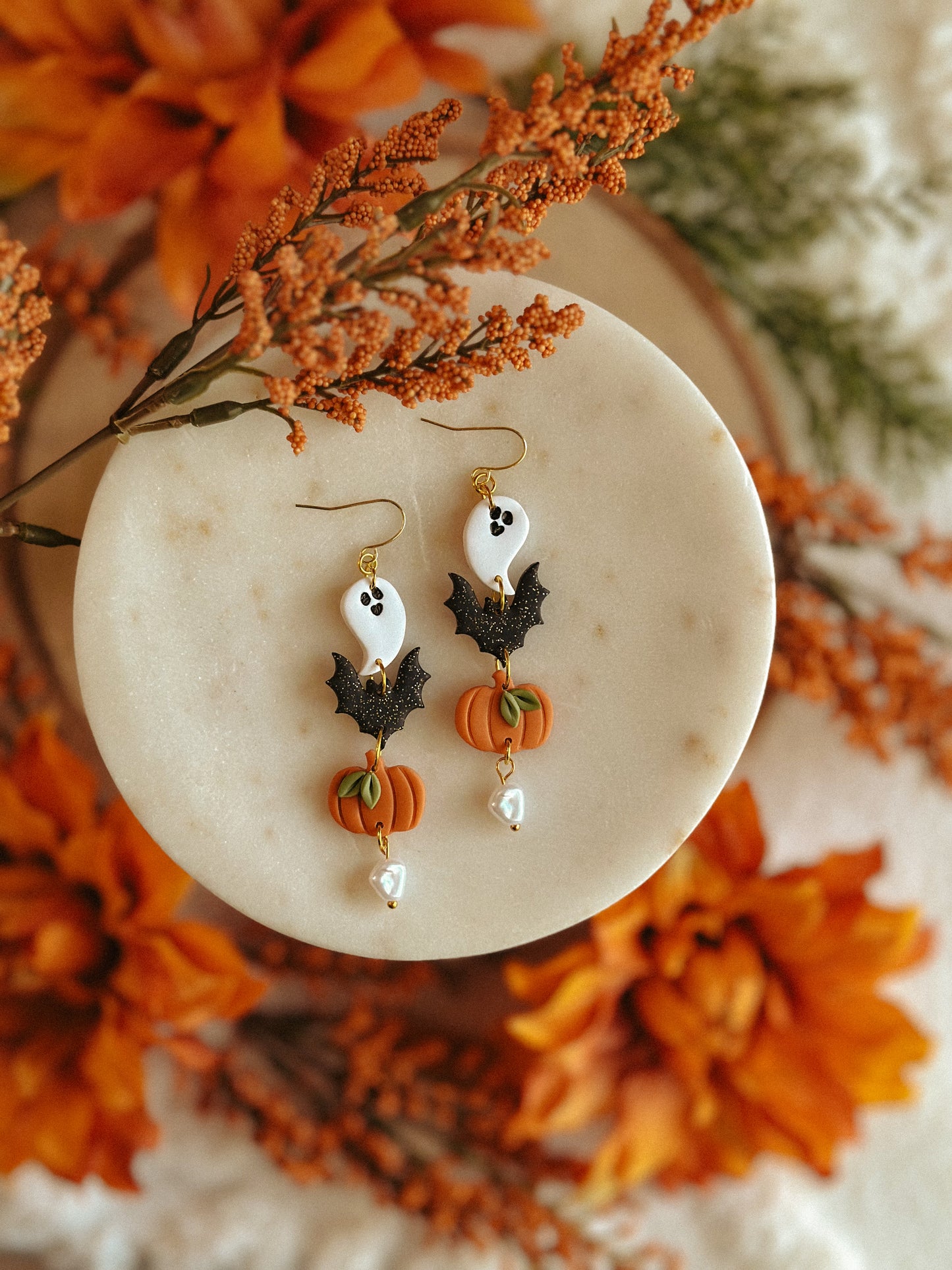 Halloween Charms Pearl Dangles polymer clay drop earrings with pearl accents
