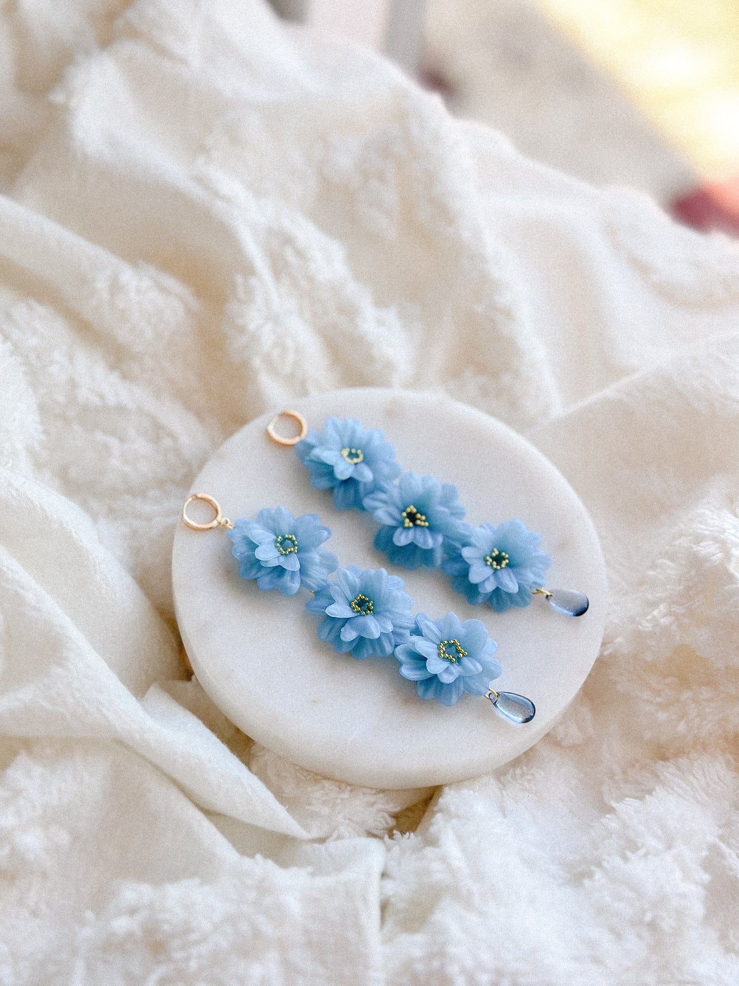 Blue Translucent Triple Flowers Dangles Earrings