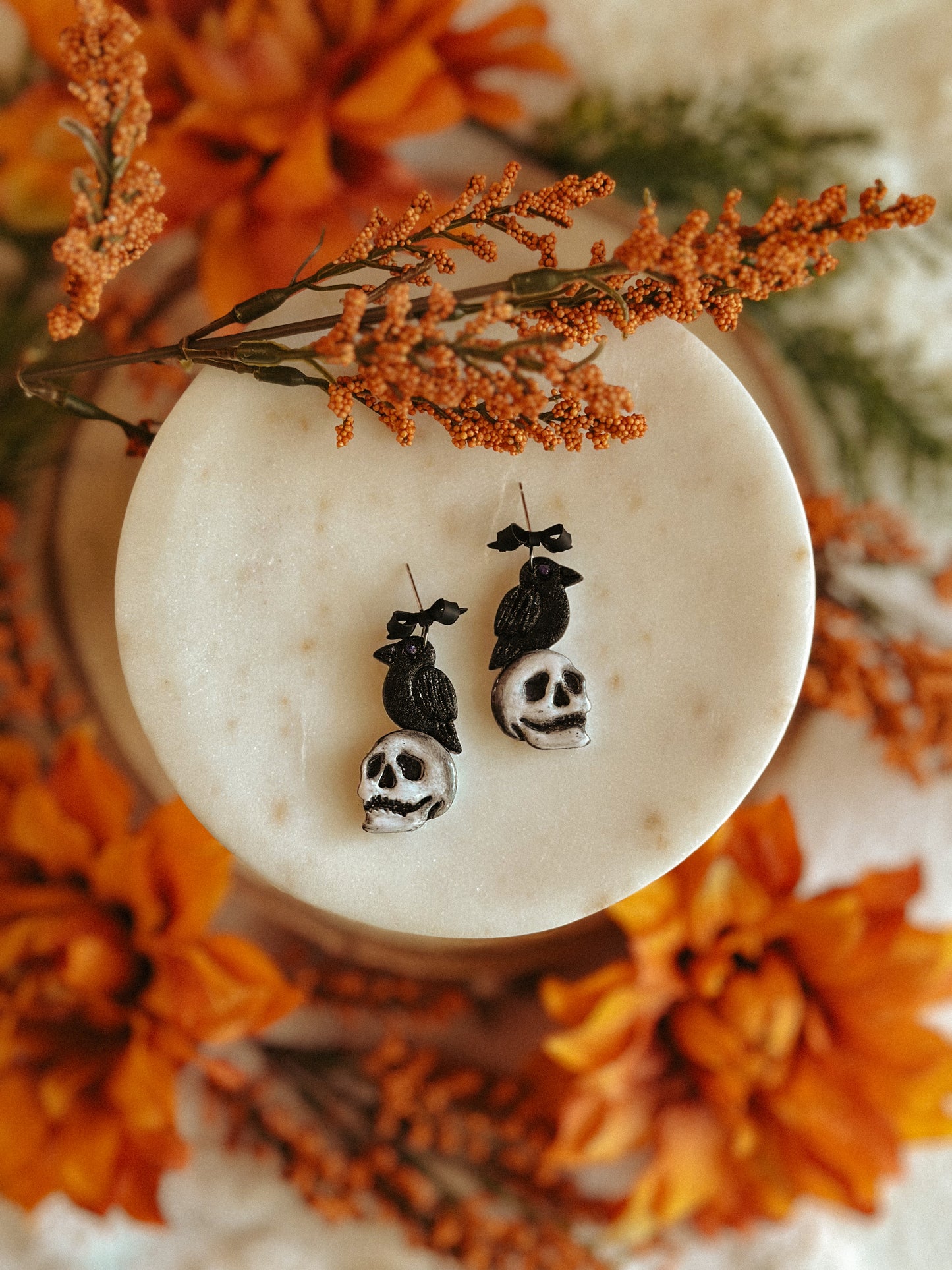 Nevermore Raven Skull Drops polymer clay earrings gothic raven skull design Edgar Allan Poe earrings