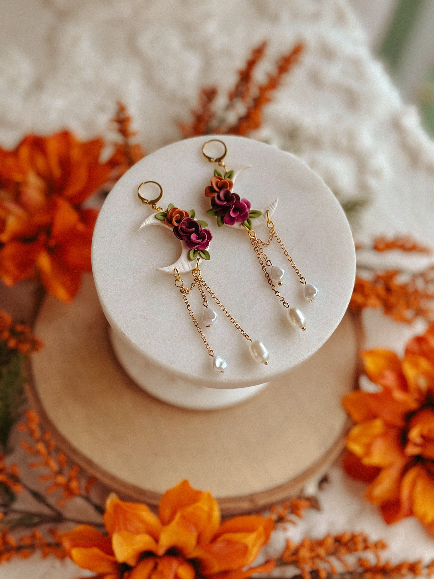Autumn Floral Crescent Moon Pearl polymer clay dangle earrings