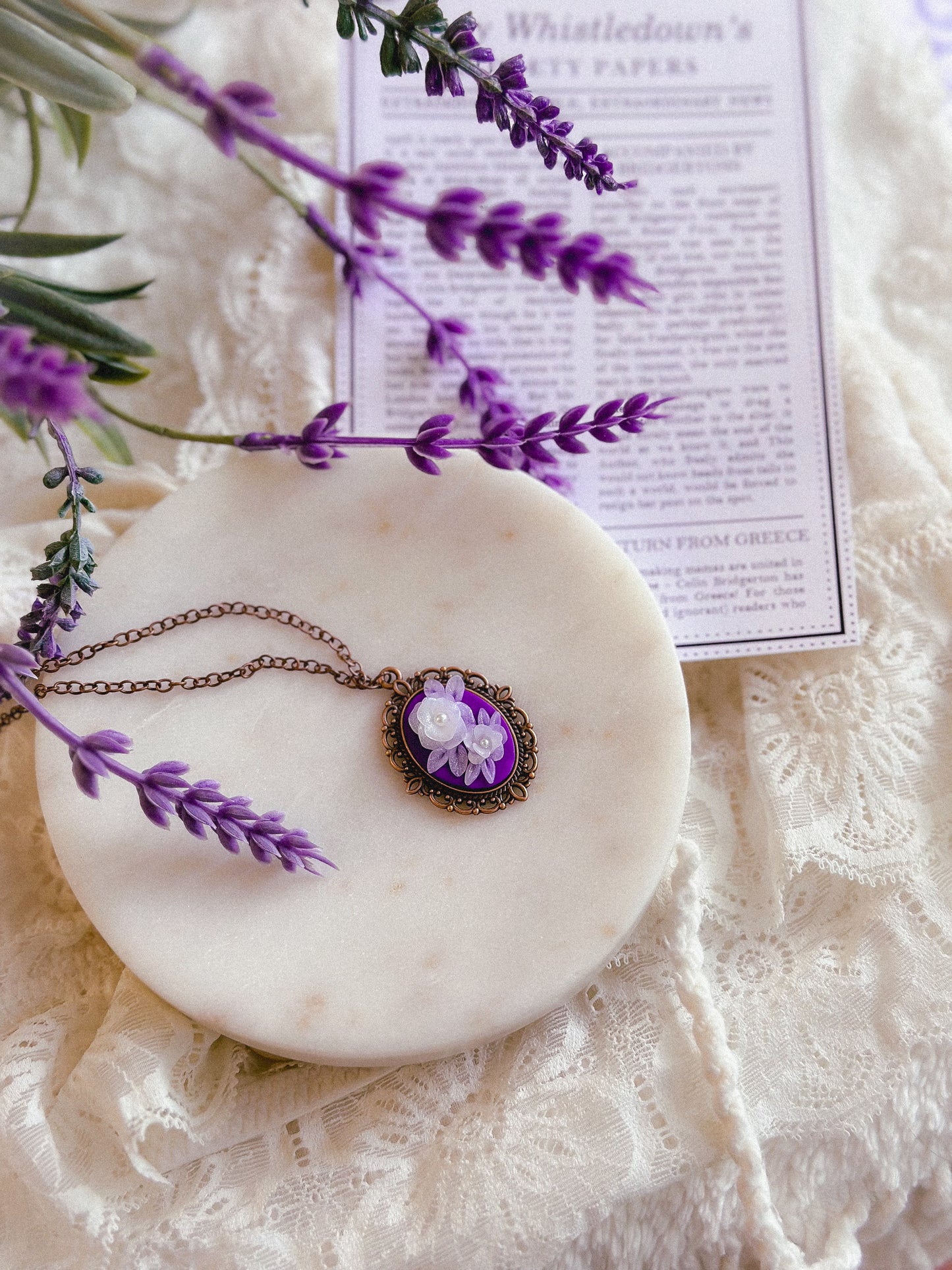 Violet Translucent Floral Cameo Necklace- Antique Bronze/ 10”