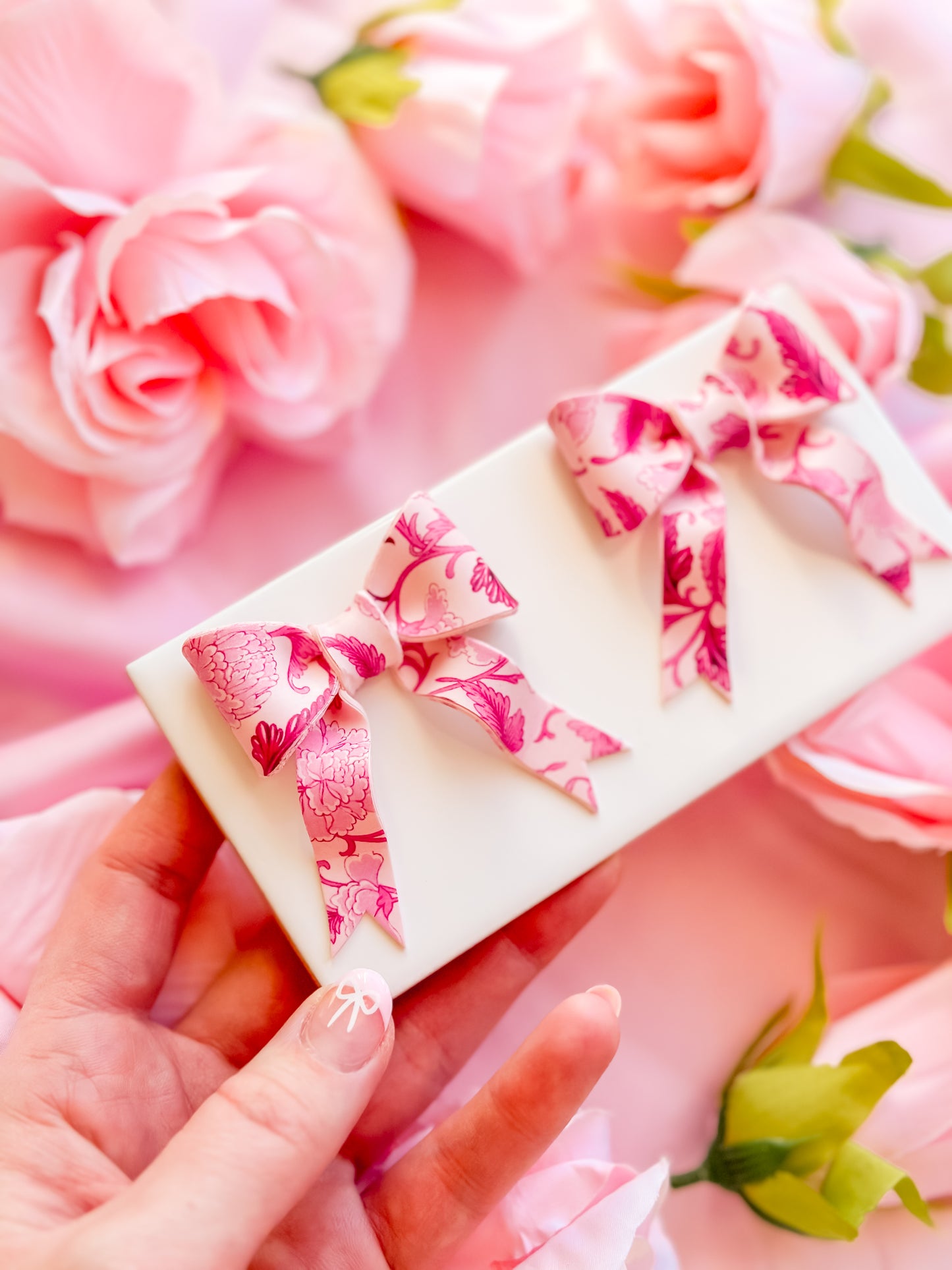 Pink Chinoiserie Bows Statement Studs