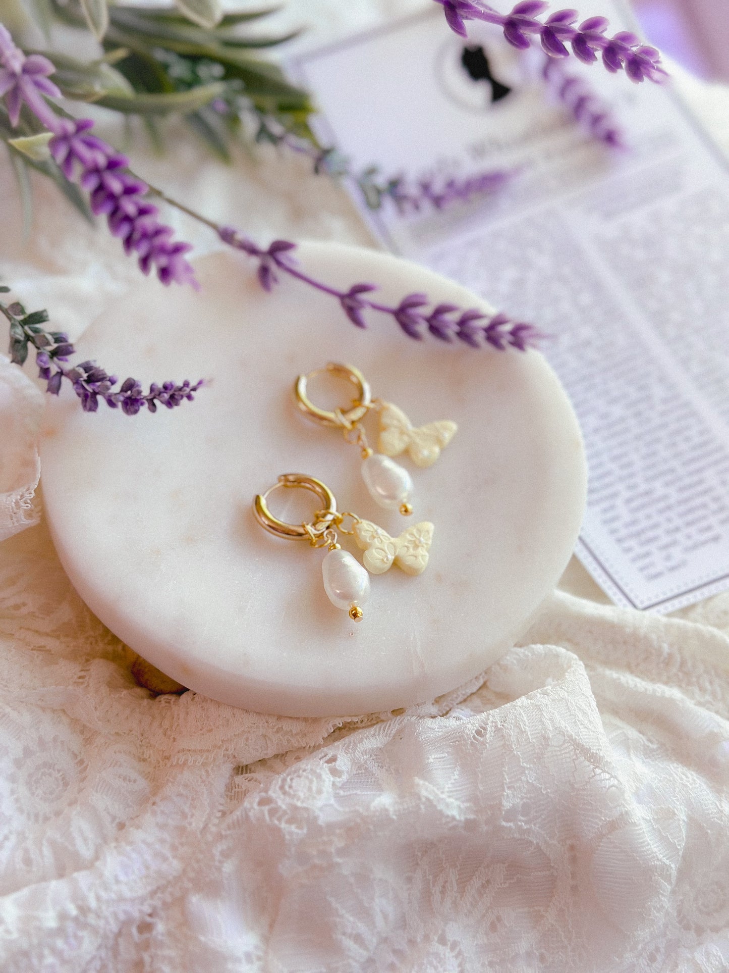 Daisy Pearl Butterfly Charm Huggies
