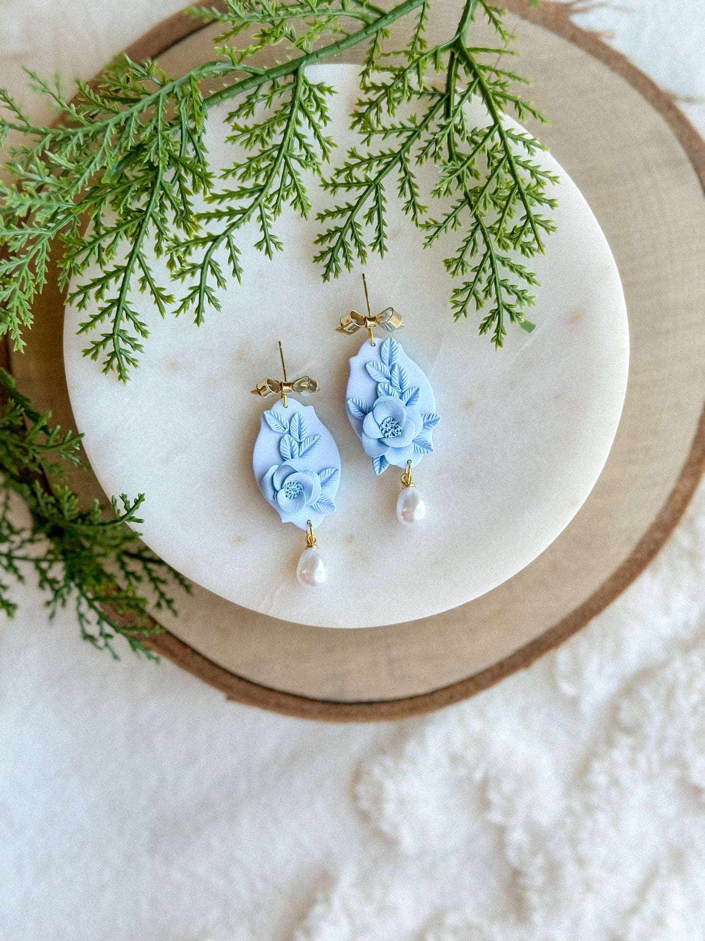 Eloise Blue Floral Pearl Drops w/ Gold Bows