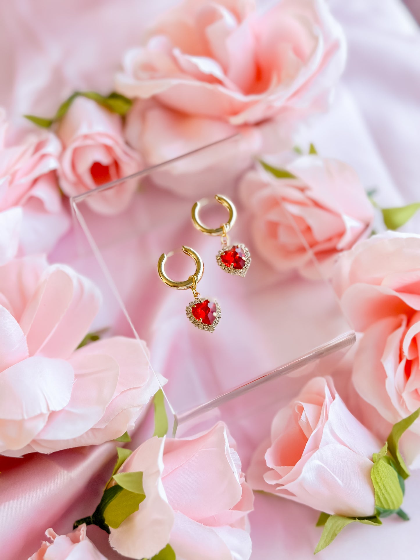 Ruby Red Heart Charm Huggie Hoops