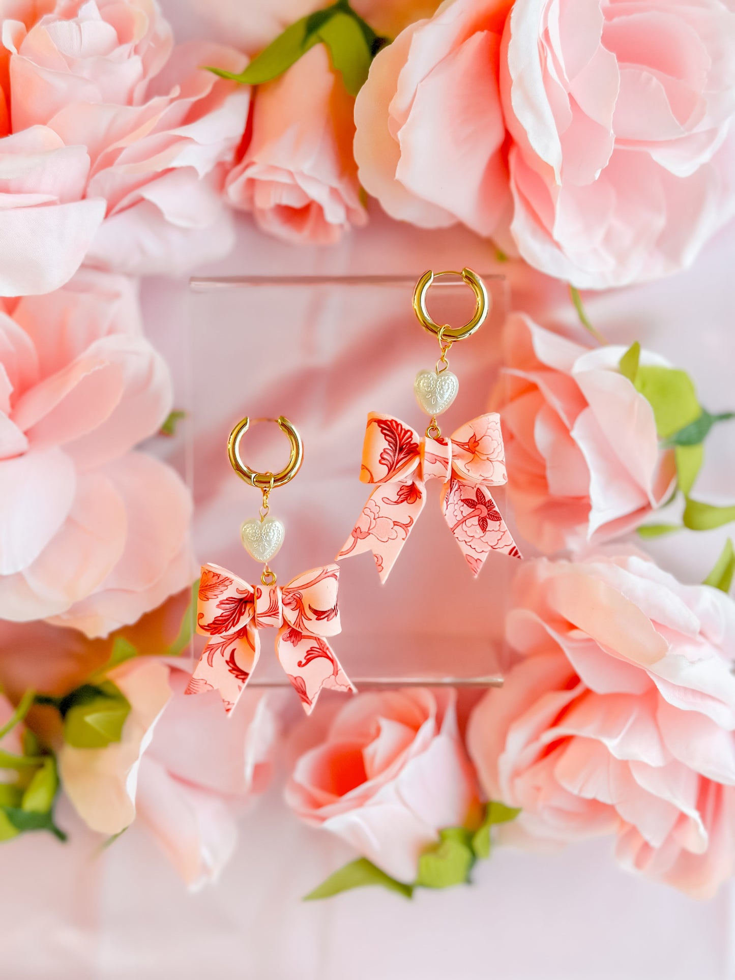 IMPERFECT Peach Fuzz Chinoiserie Bows w/ Pearls Huggie Hoops