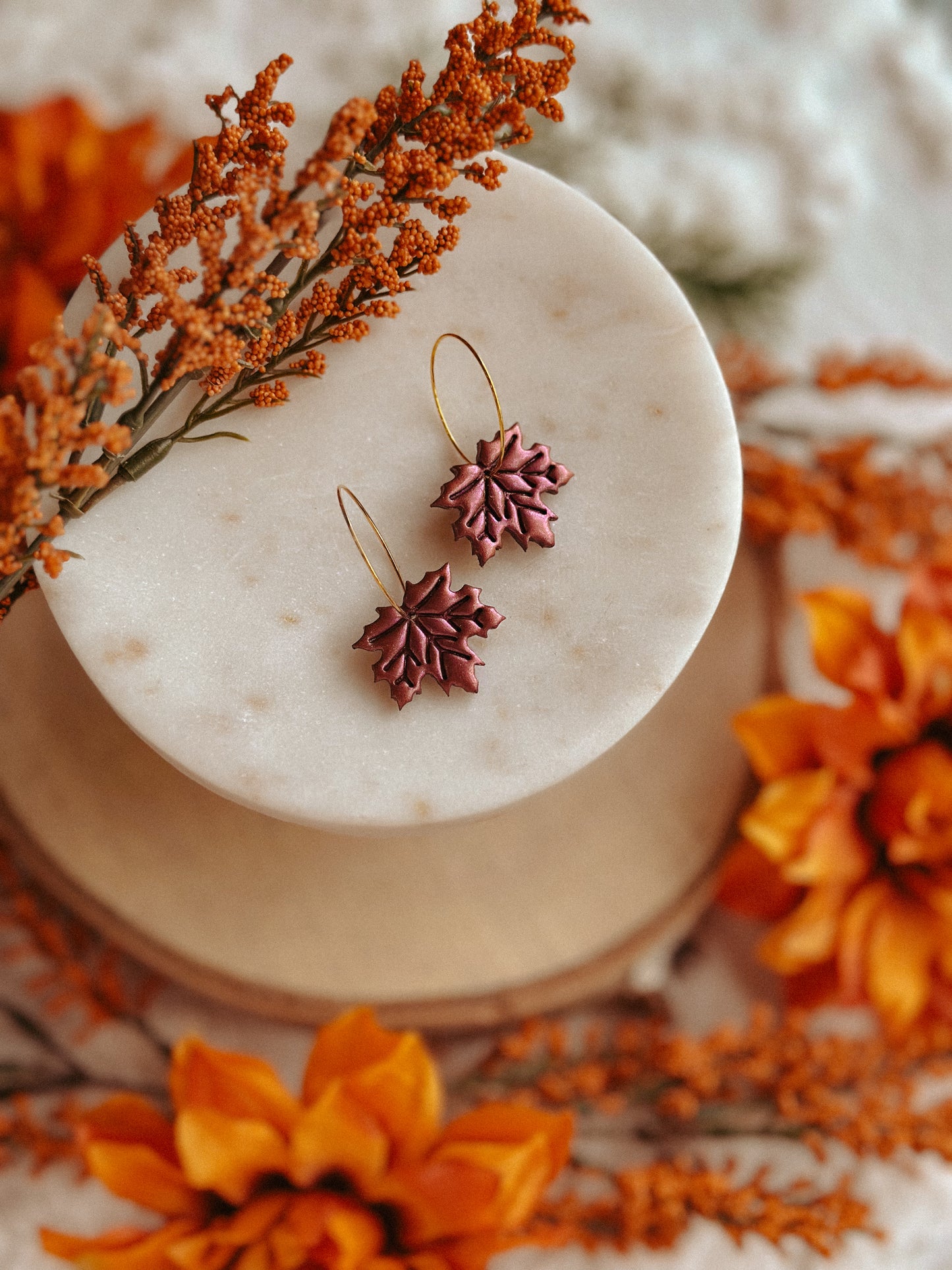 Mulberry shimmer maple leaf hoop polymer clay earrings autumn jewelry