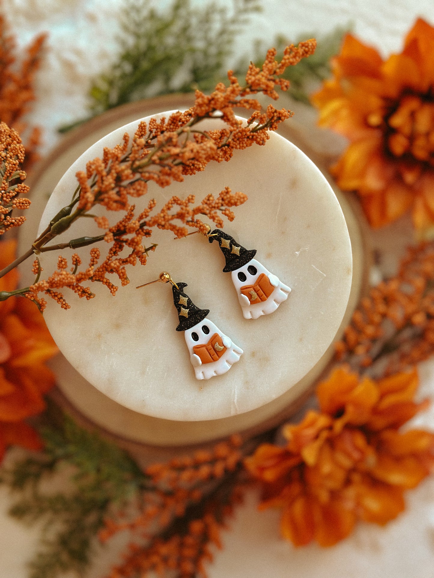 Witchy Ghost Drop polymer clay earrings witch ghost motif Halloween jewelry