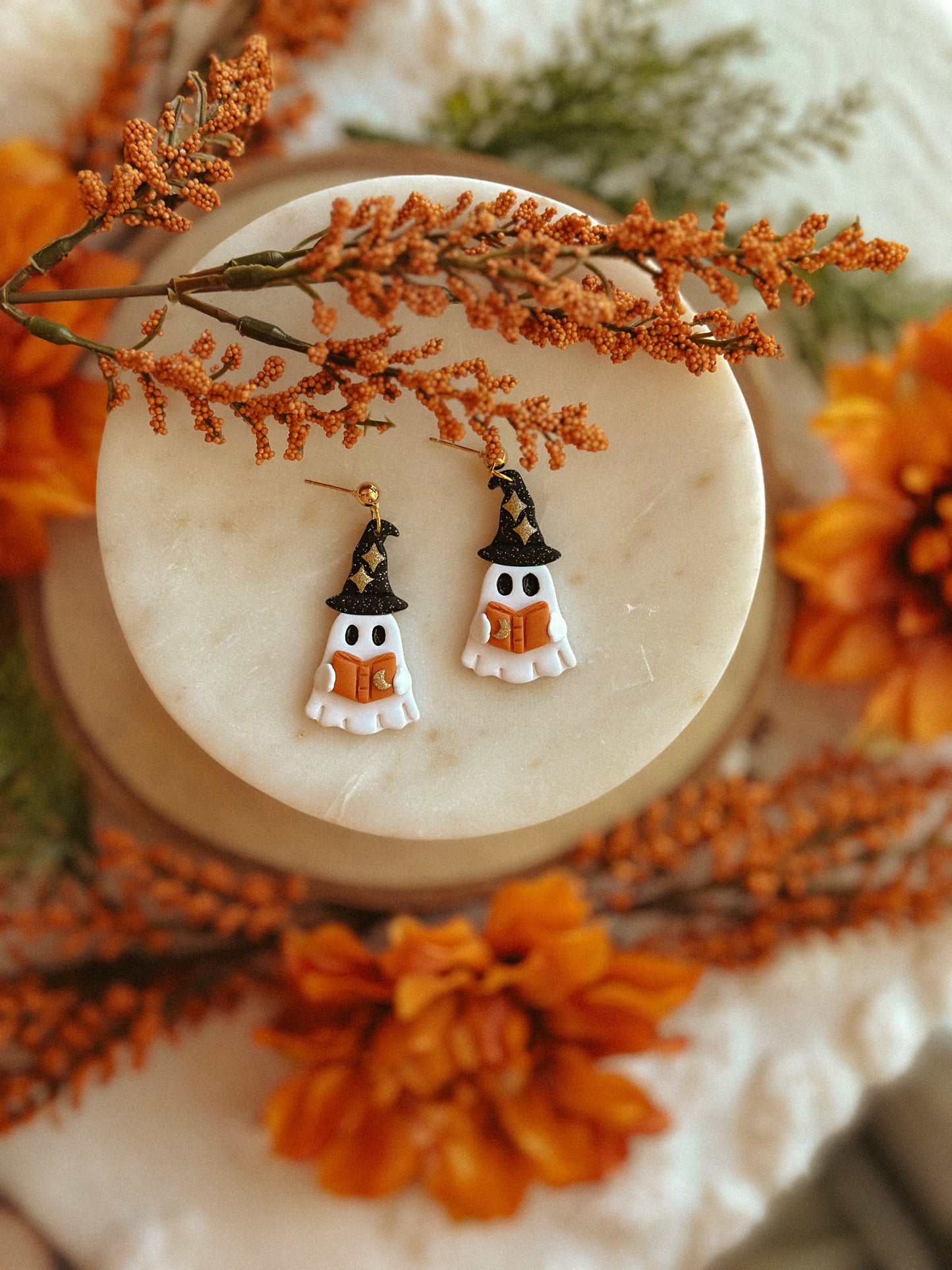 Witchy Ghost Drop polymer clay earrings witch ghost motif Halloween jewelry