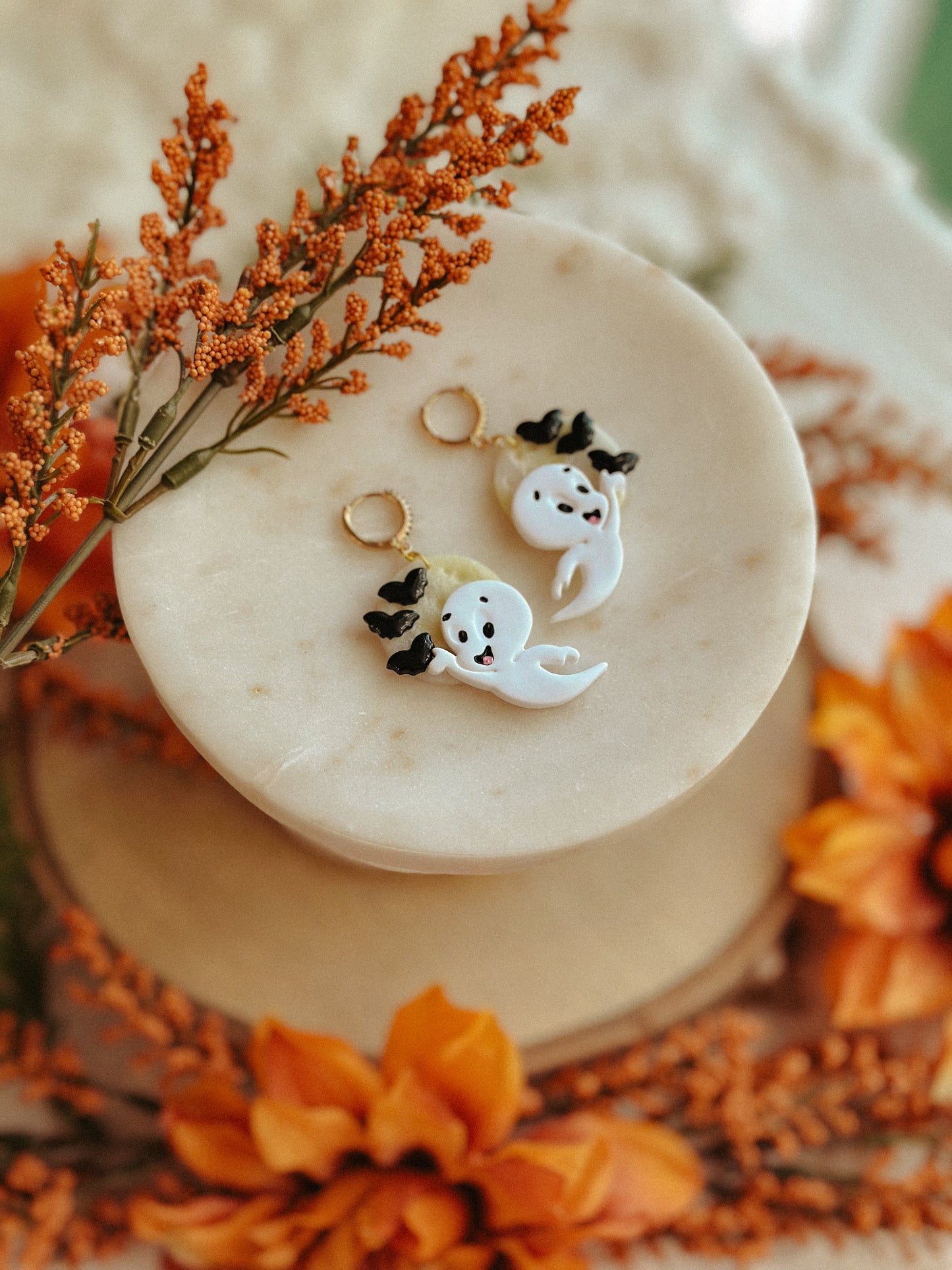 Casper glow in the dark full moon polymer clay earrings Halloween moon drops