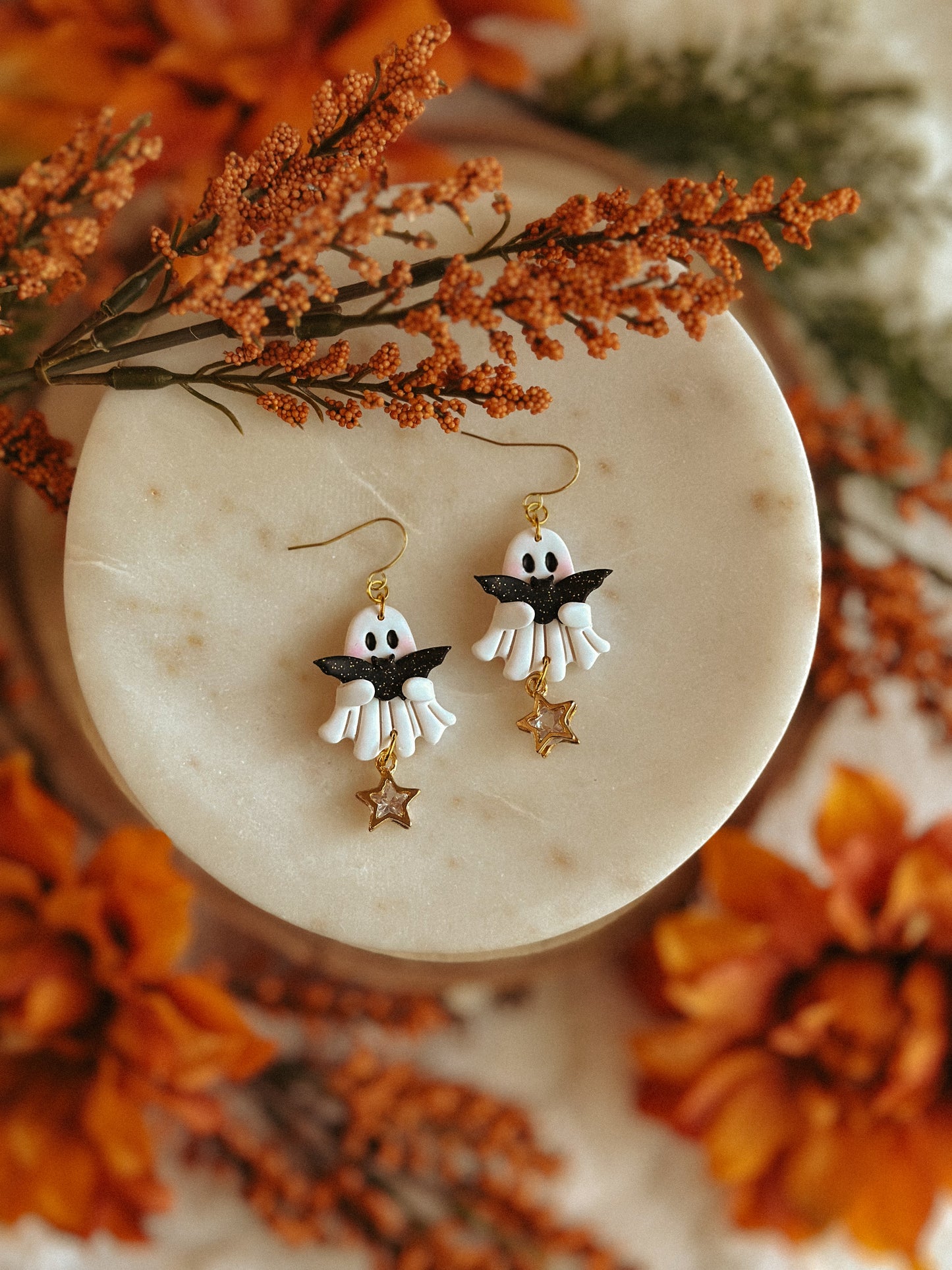 Ghostie & Bat polymer clay dangle earrings ghost and bat silhouette Halloween jewelry