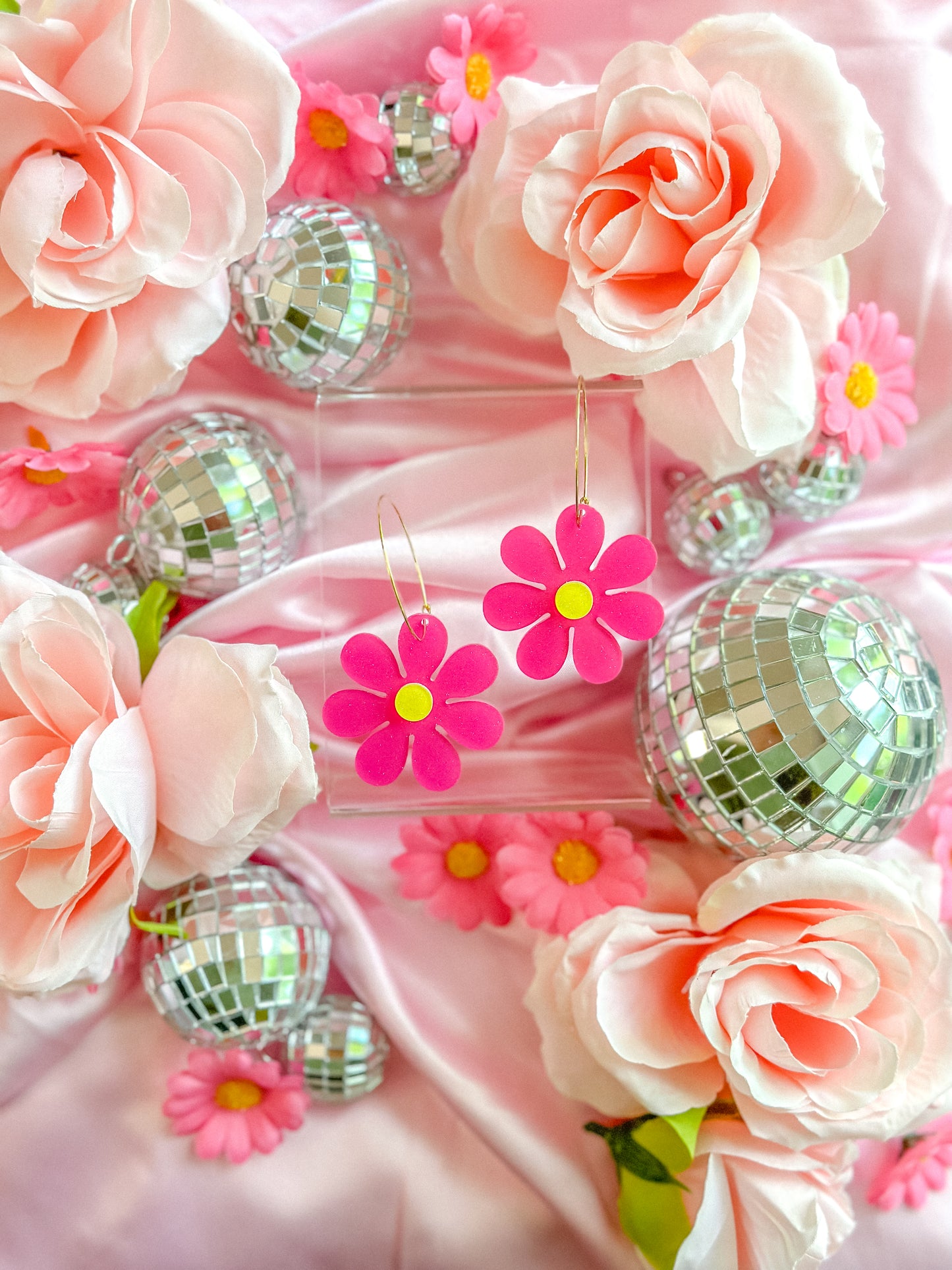 Hot Pink Glitter Daisy Hoops
