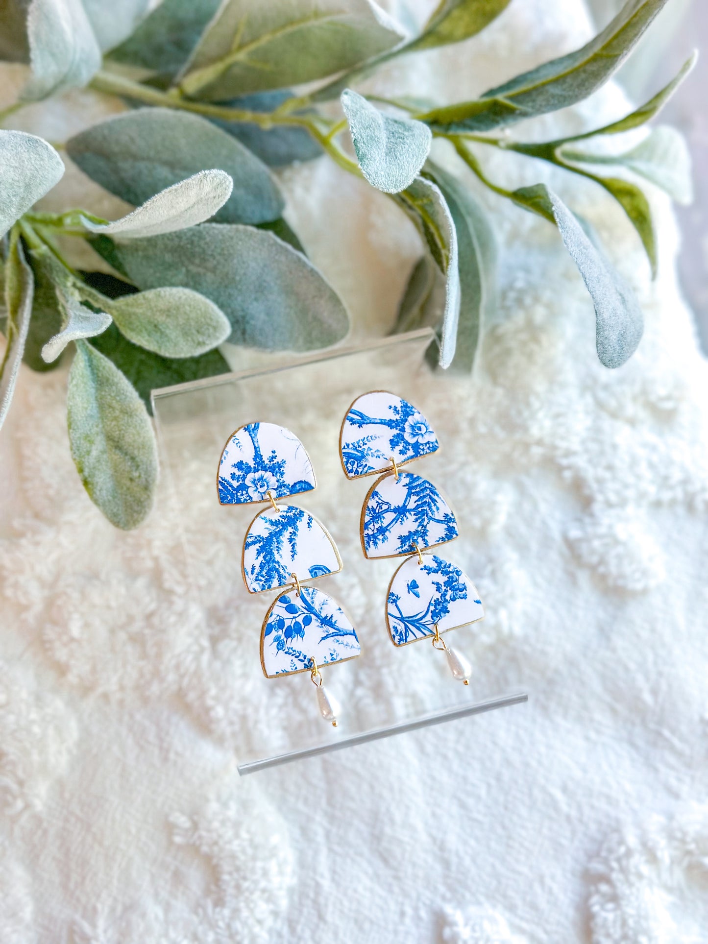 IMPERFECT Chinoiserie Half Circle + Pearl Dangles