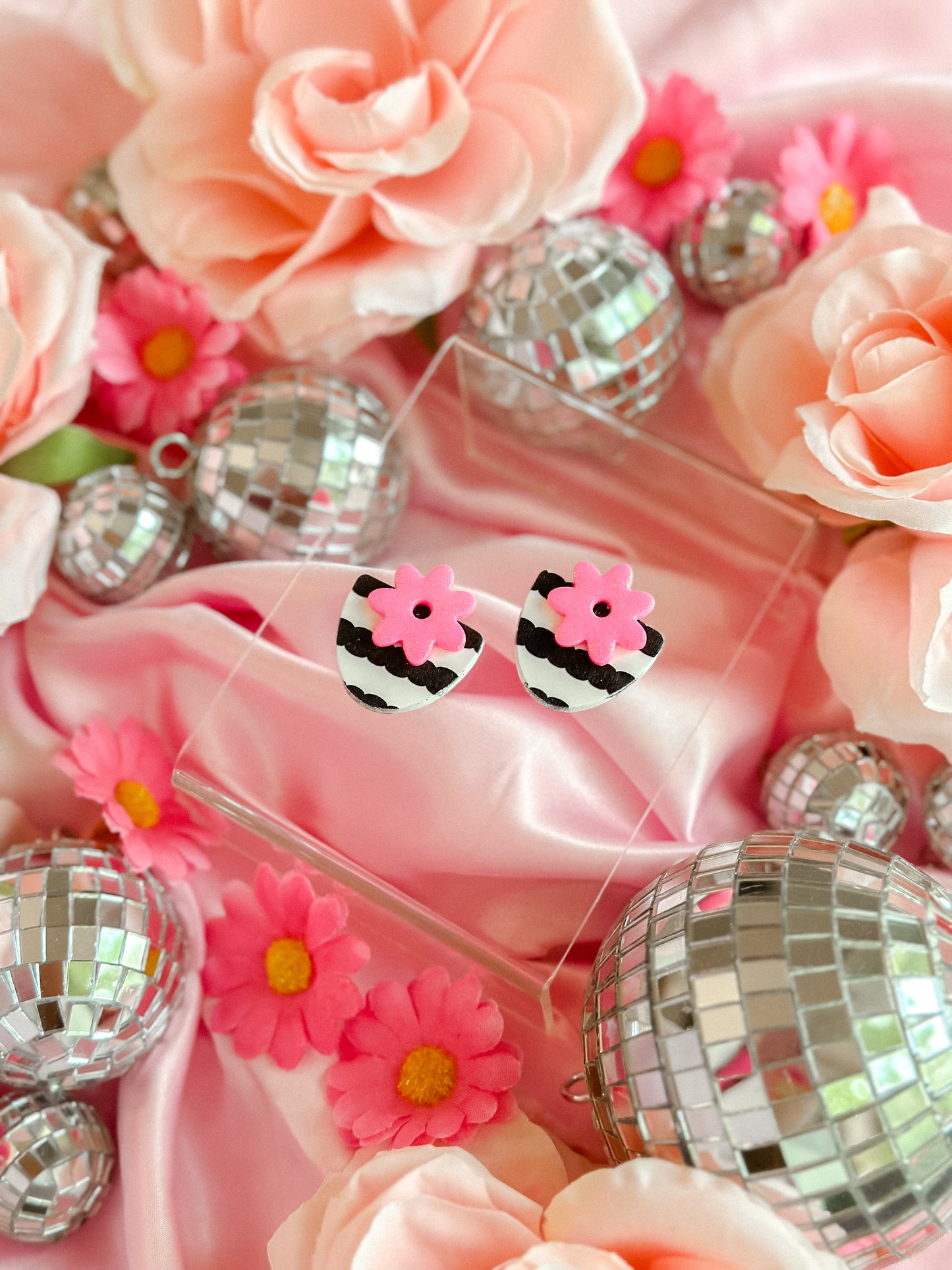 Original Barbie Black + White Striped Pink Flower Statement Studs