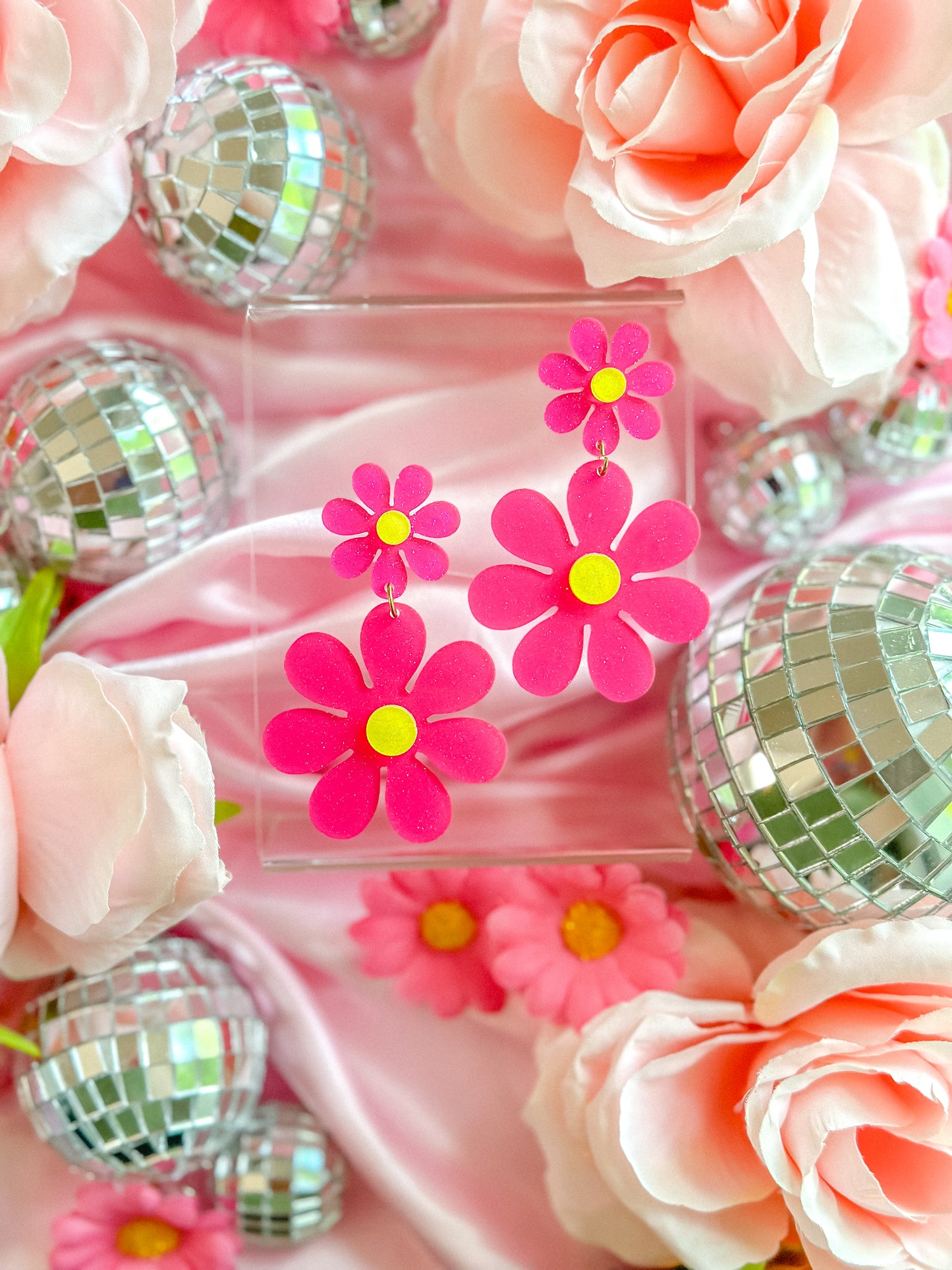 Hot Pink Glitter Stacked Daisy Dangles