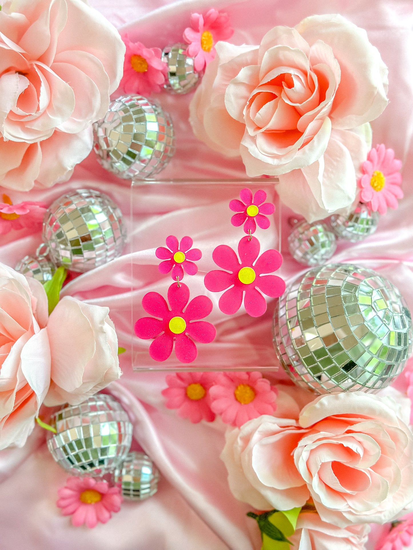 Hot Pink Glitter Stacked Daisy Dangles