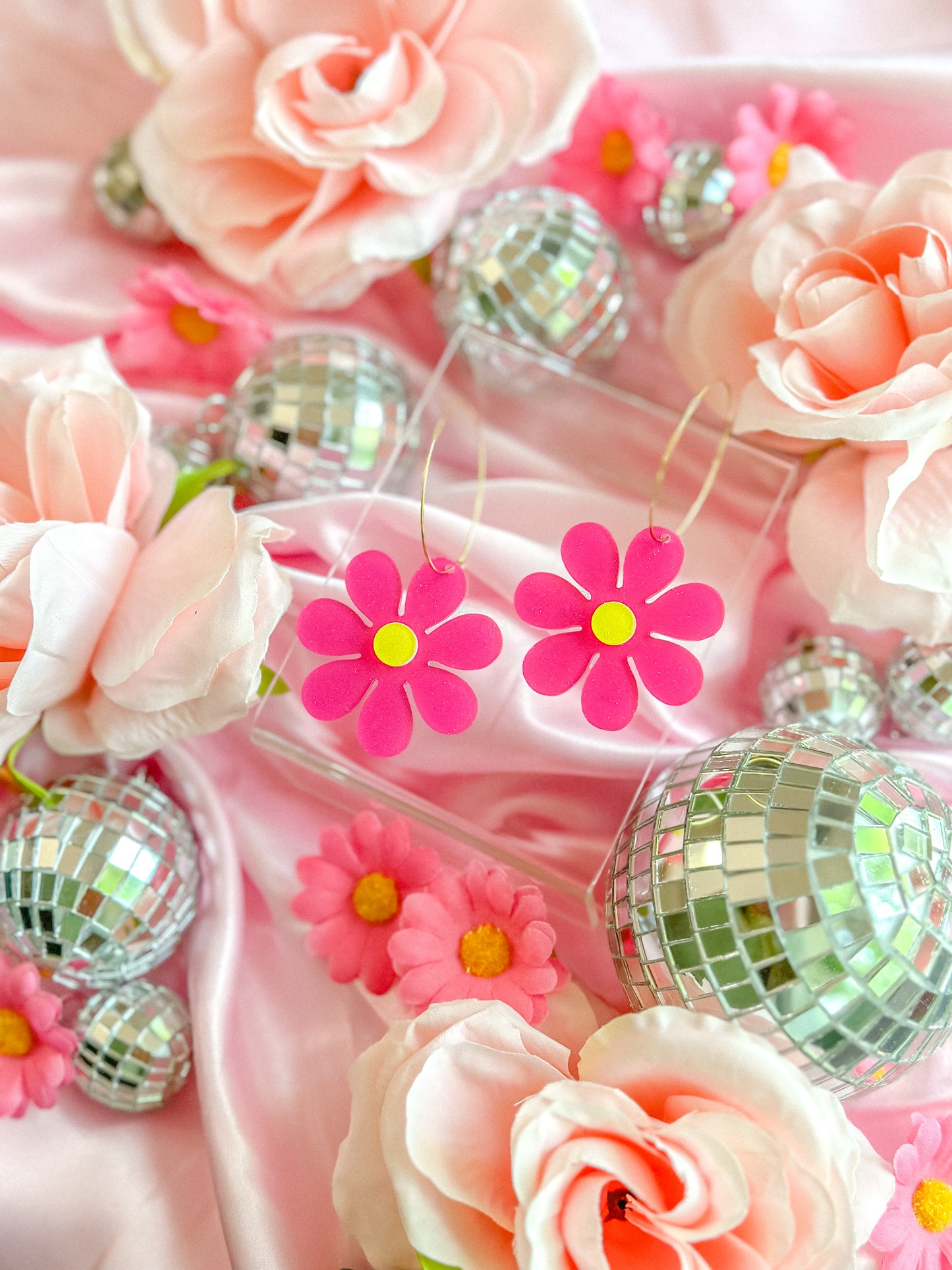 Hot Pink Glitter Daisy Hoops