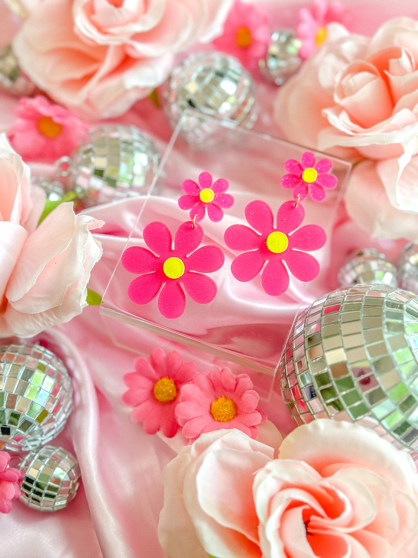 Hot Pink Glitter Stacked Daisy Dangles