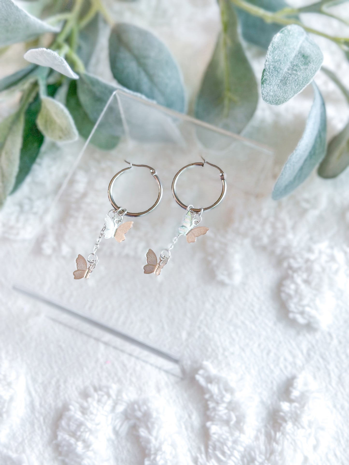 Silver Butterfly Dangly Hoops
