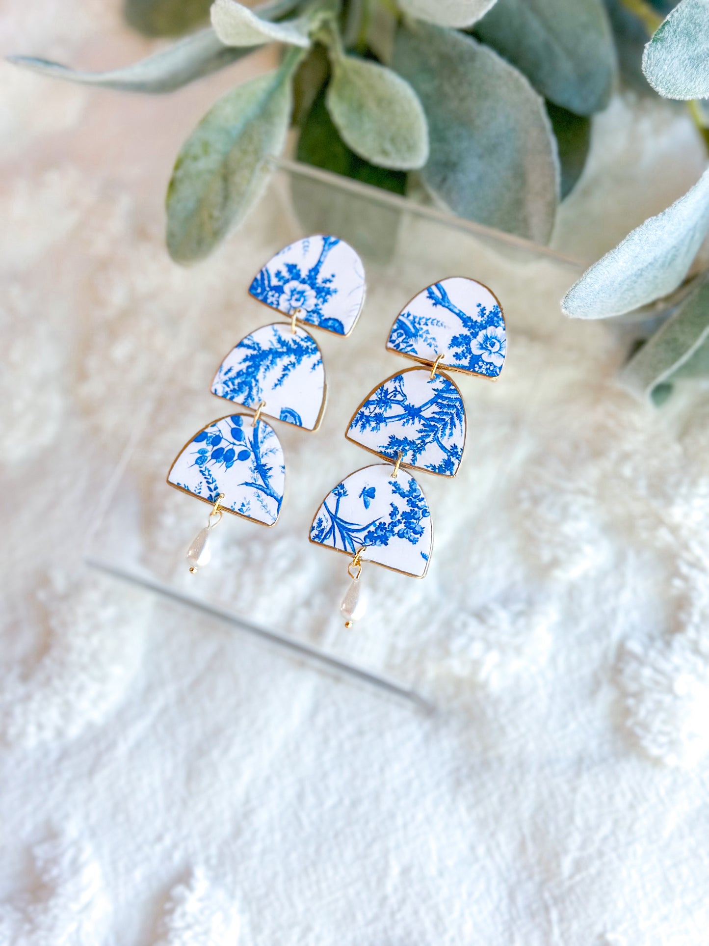 IMPERFECT Chinoiserie Half Circle + Pearl Dangles