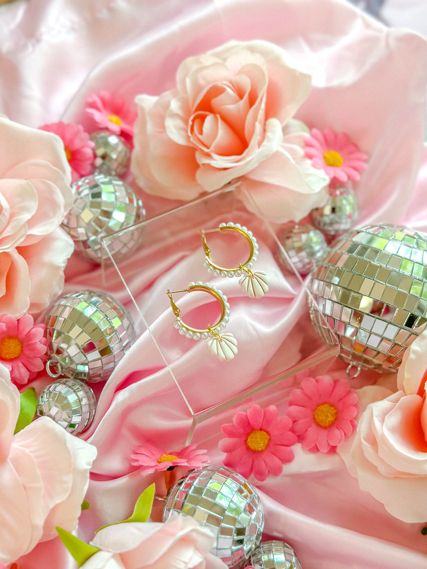 Mermaid Barbie Pink Shimmer Shells on Pearl Hoops