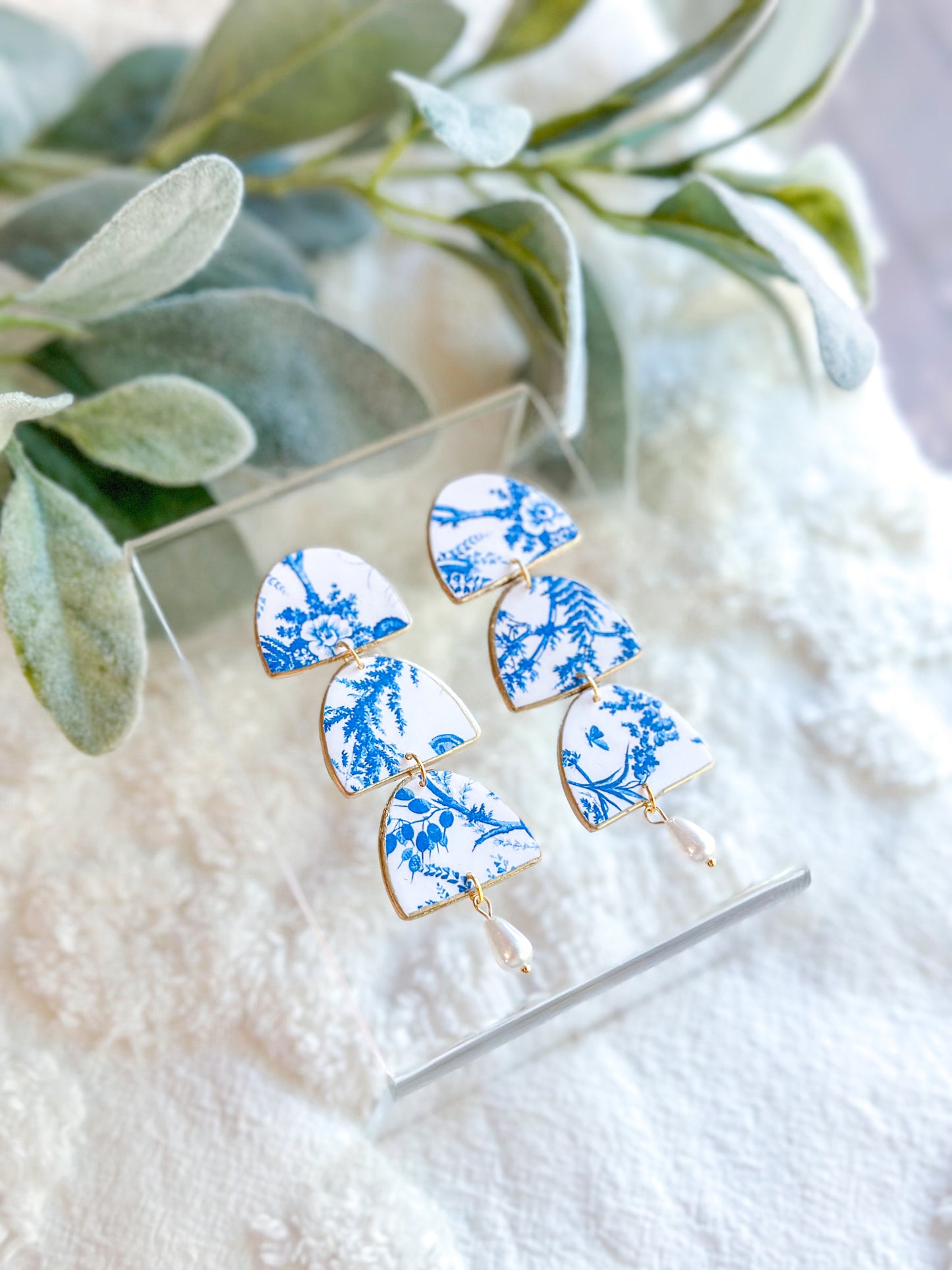 IMPERFECT Chinoiserie Half Circle + Pearl Dangles