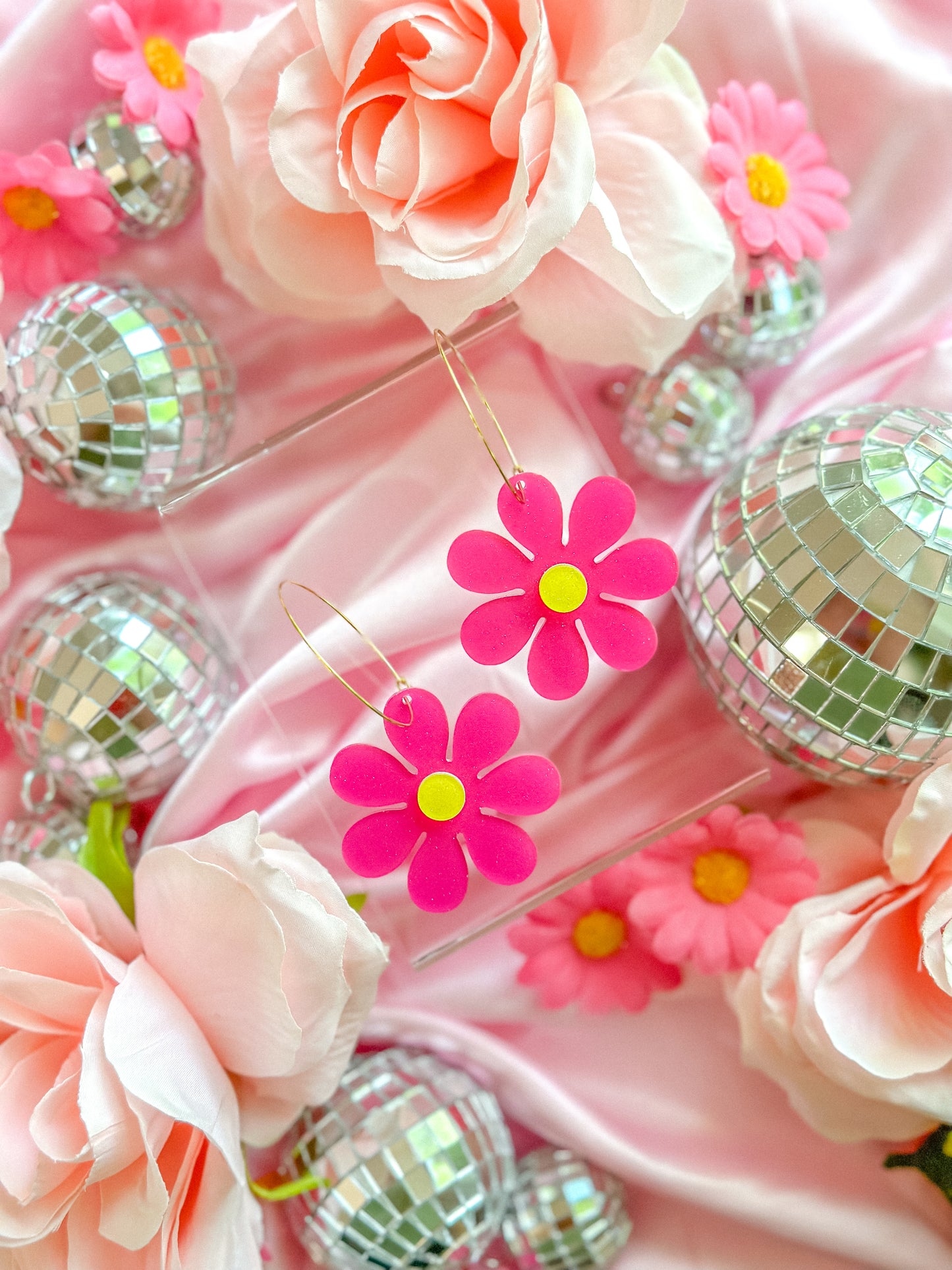Hot Pink Glitter Daisy Hoops