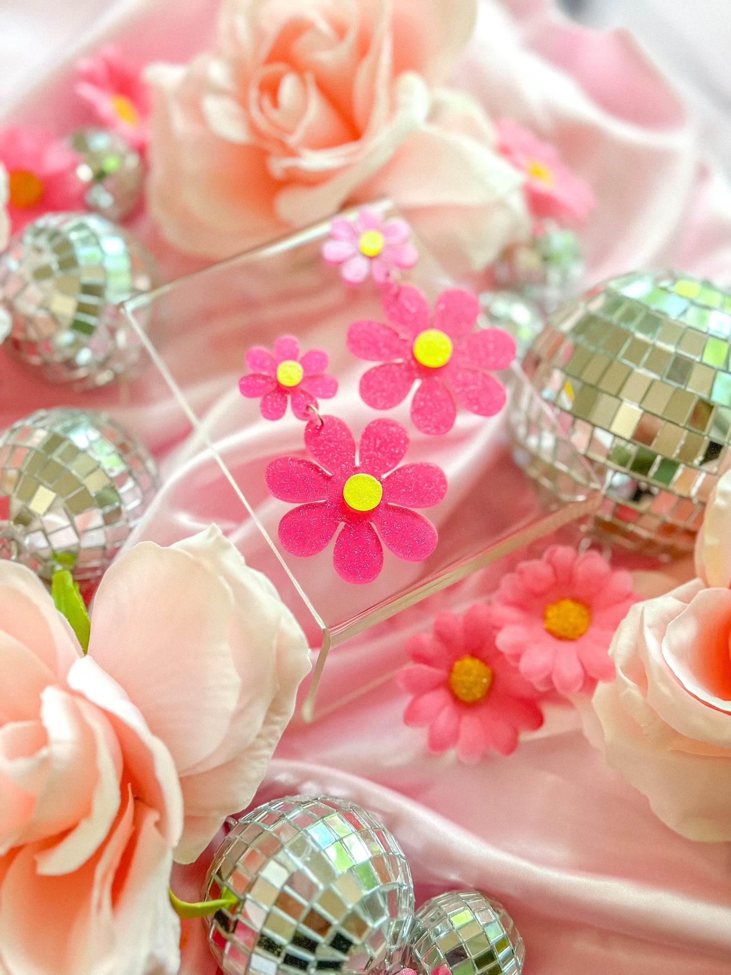 Hot Pink Glitter Stacked Daisy Dangles