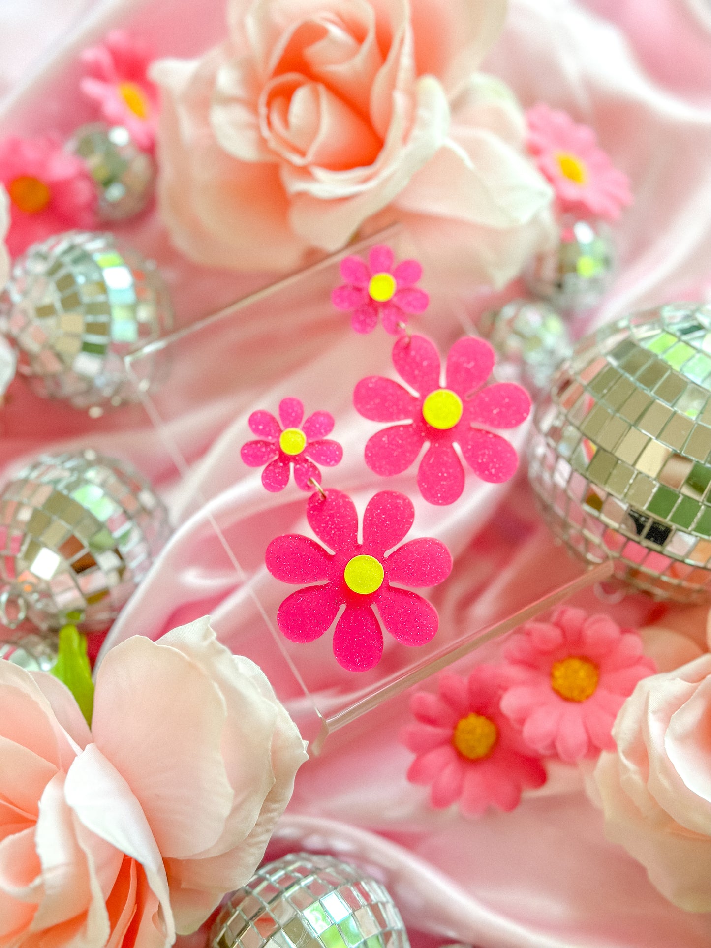 Hot Pink Glitter Stacked Daisy Dangles