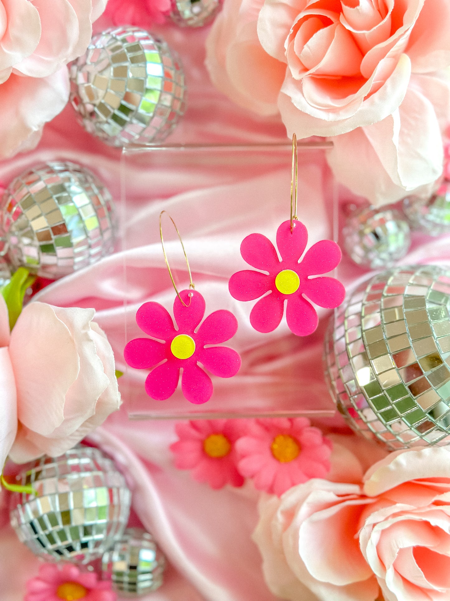 Hot Pink Glitter Daisy Hoops