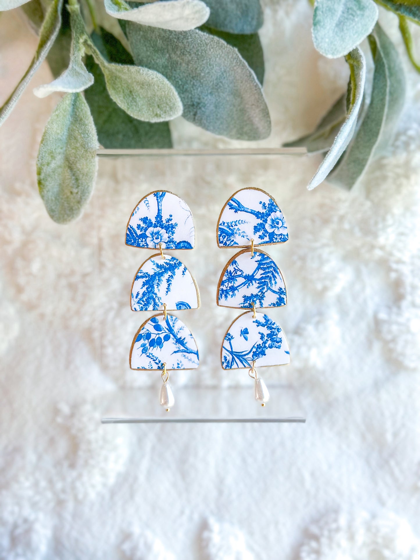 IMPERFECT Chinoiserie Half Circle + Pearl Dangles