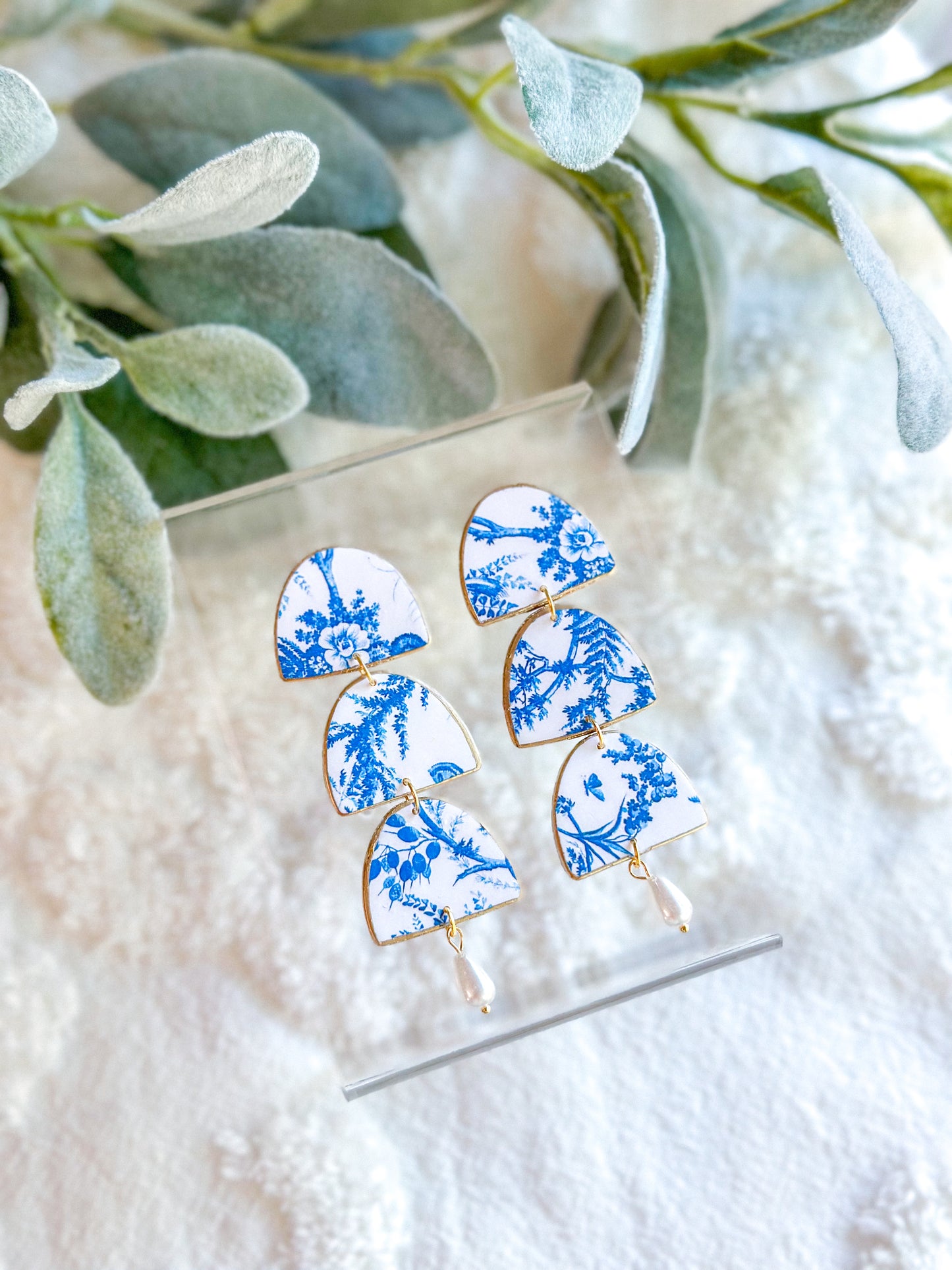 IMPERFECT Chinoiserie Half Circle + Pearl Dangles