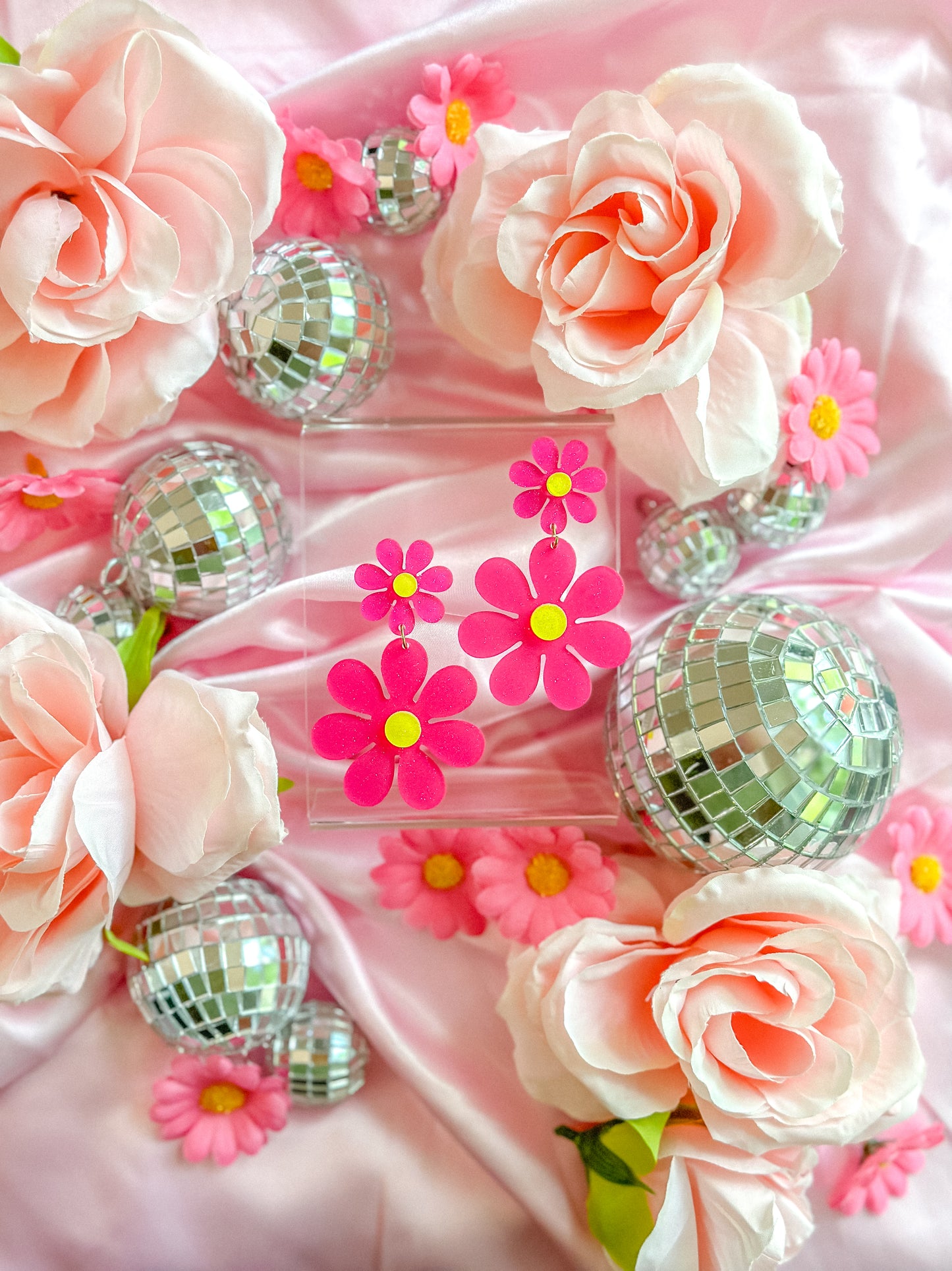 Hot Pink Glitter Stacked Daisy Dangles