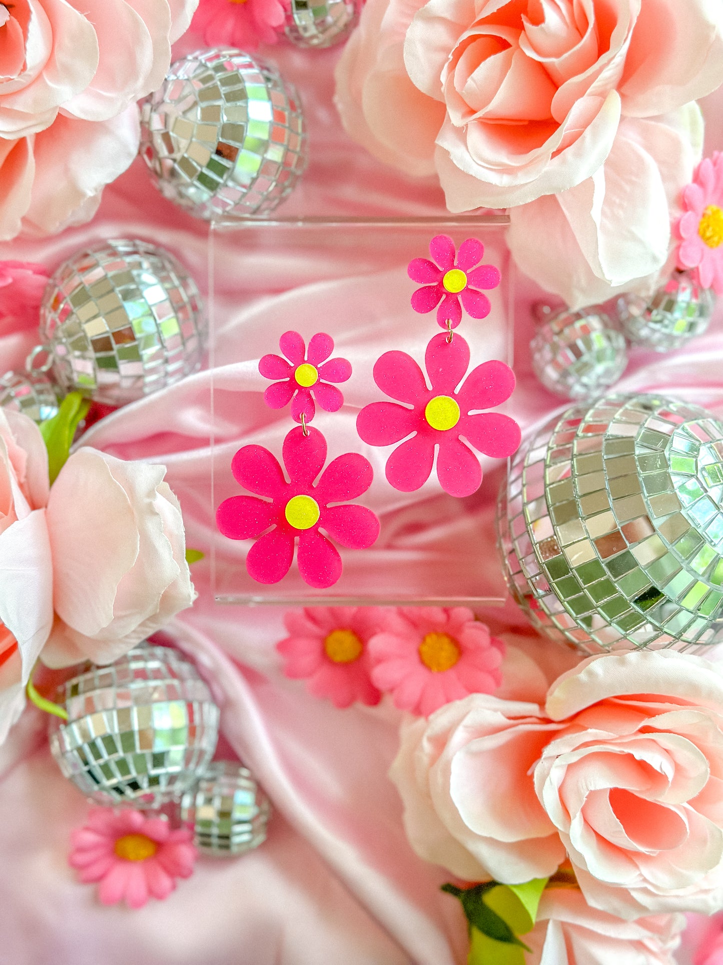 Hot Pink Glitter Stacked Daisy Dangles