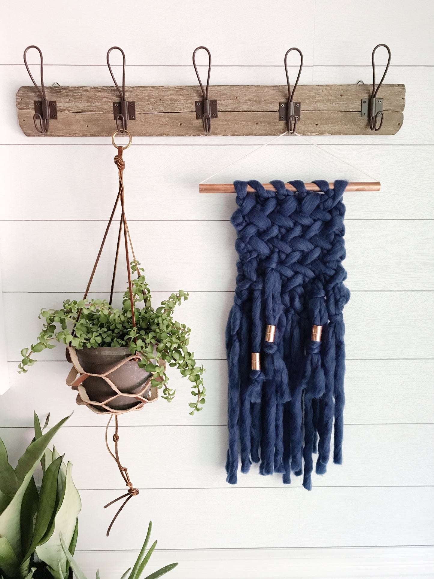 Indigo Blue Knit Wall Hanging with Copper Detail // Regular Size