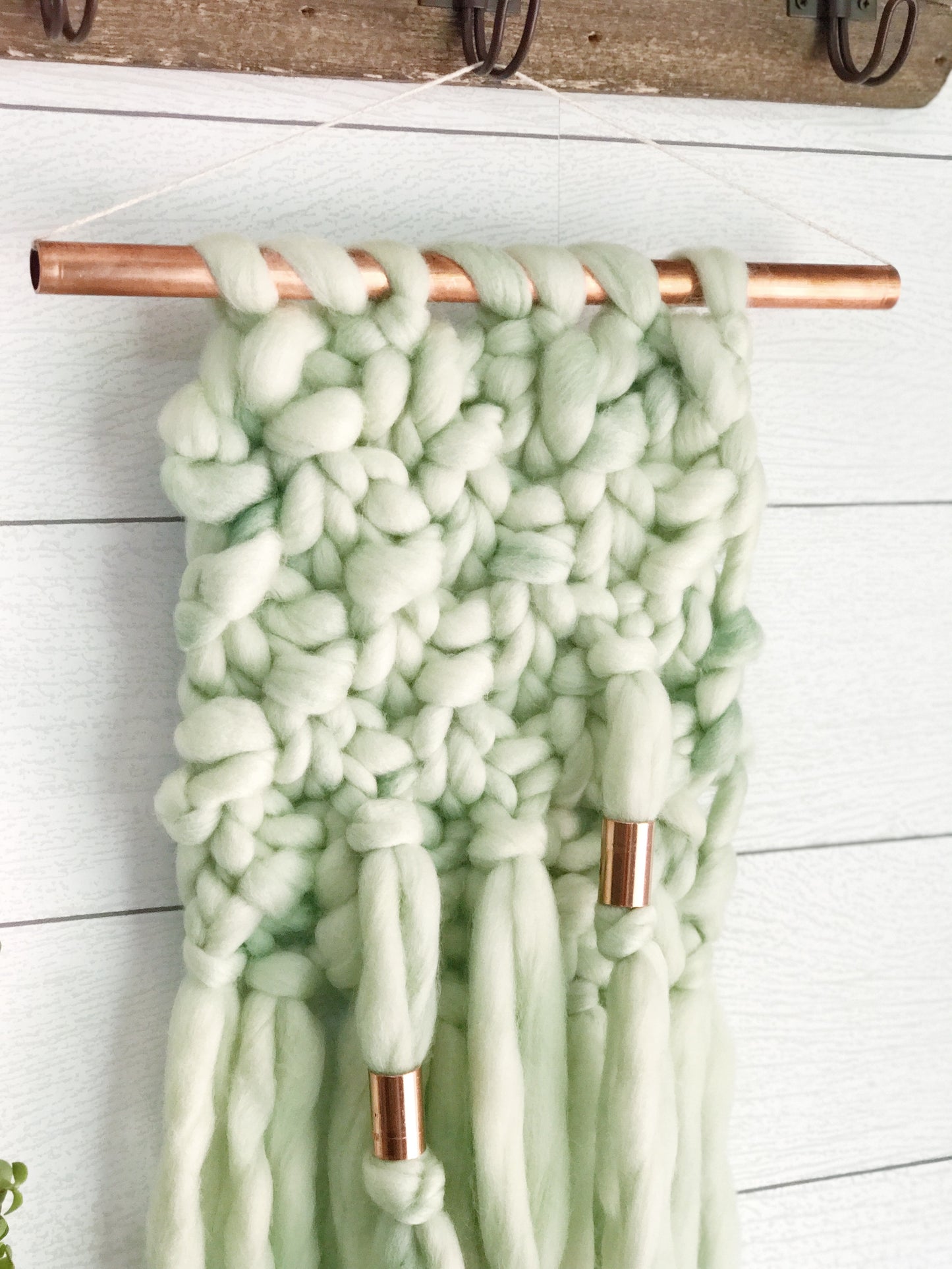 Mint Green Knit Wall Hanging with Copper Detail