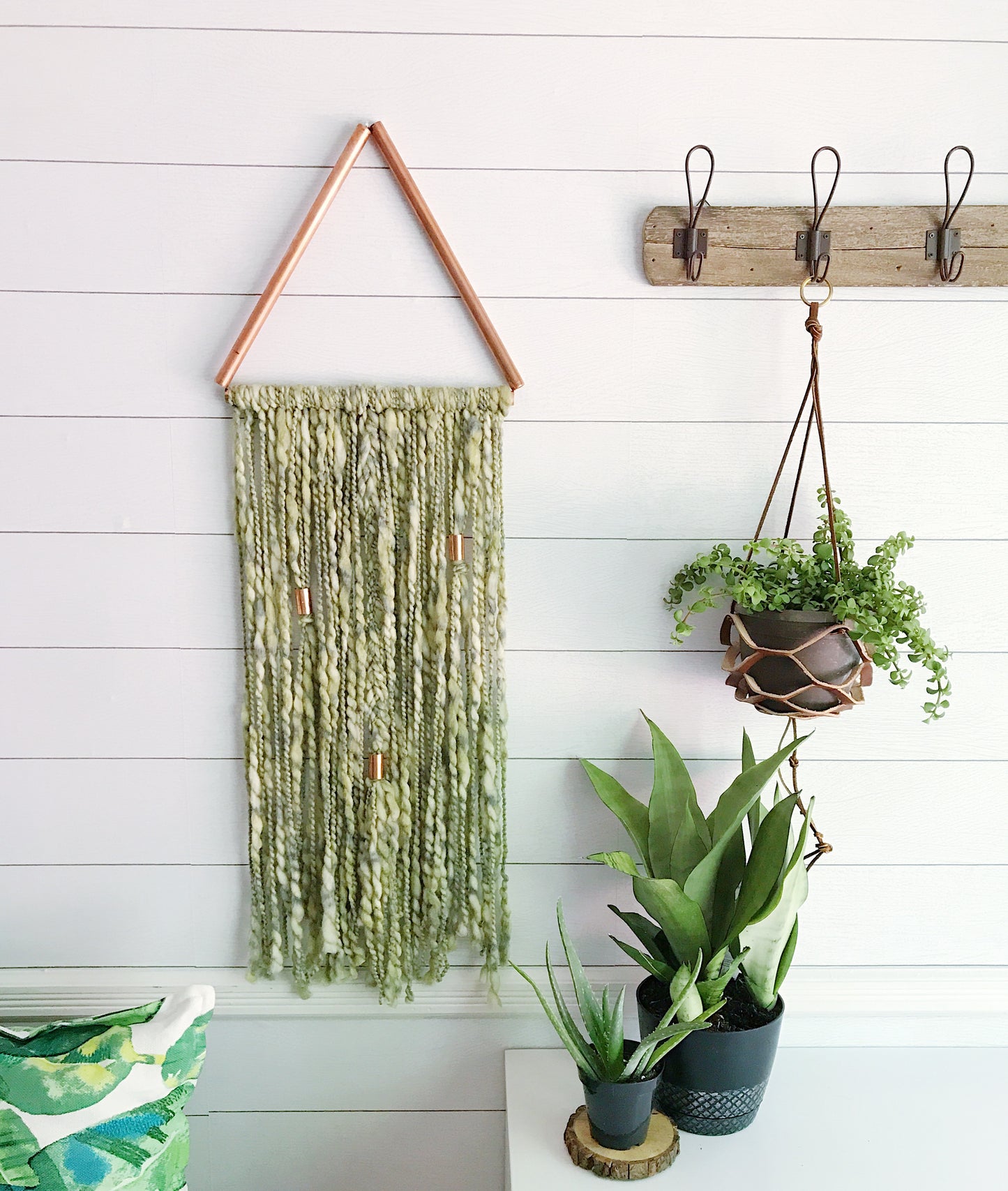 Palm Leaf Green Copper Triangle Yarn Wall Hanging