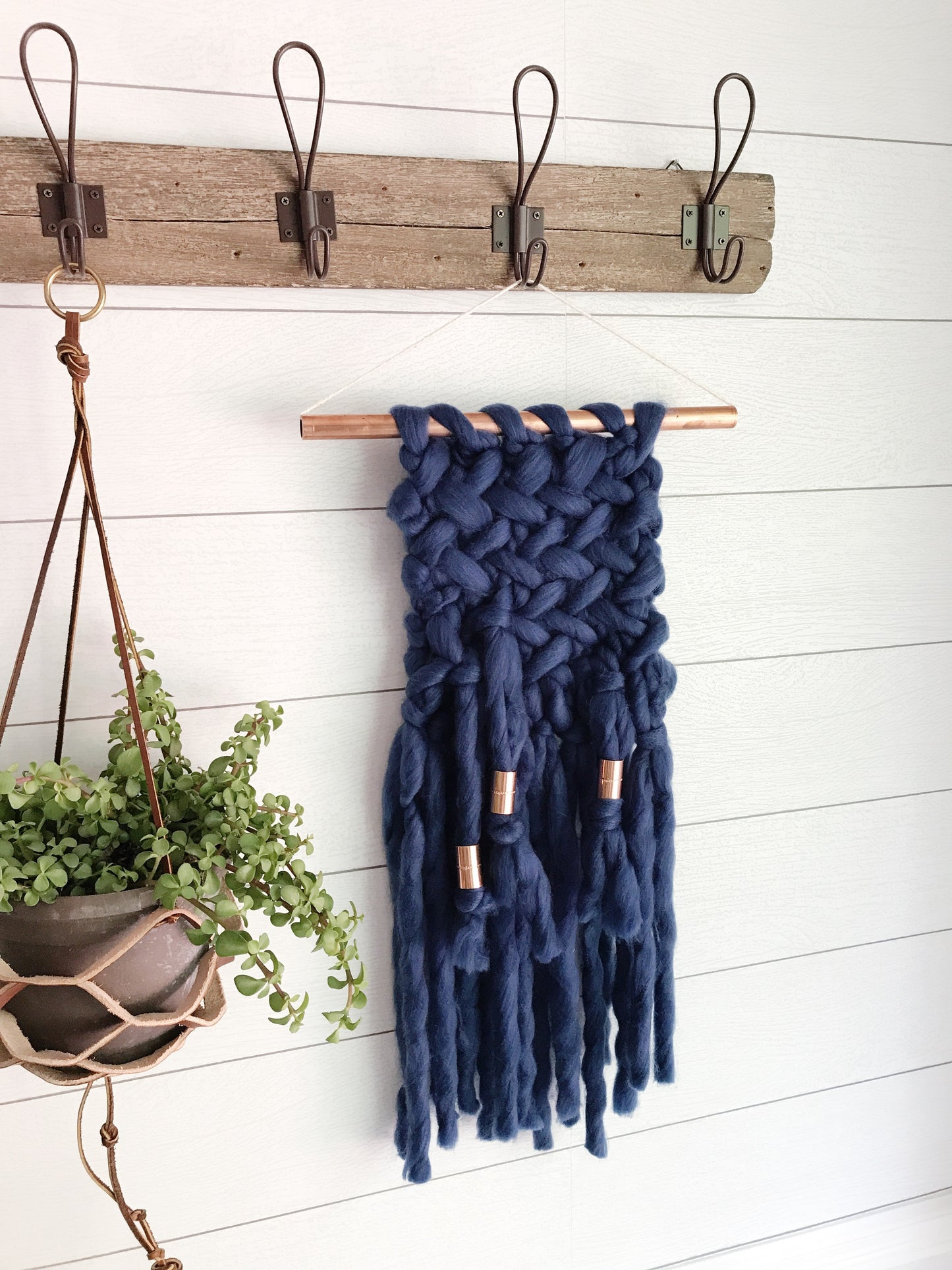 Indigo Blue Knit Wall Hanging with Copper Detail // Regular Size