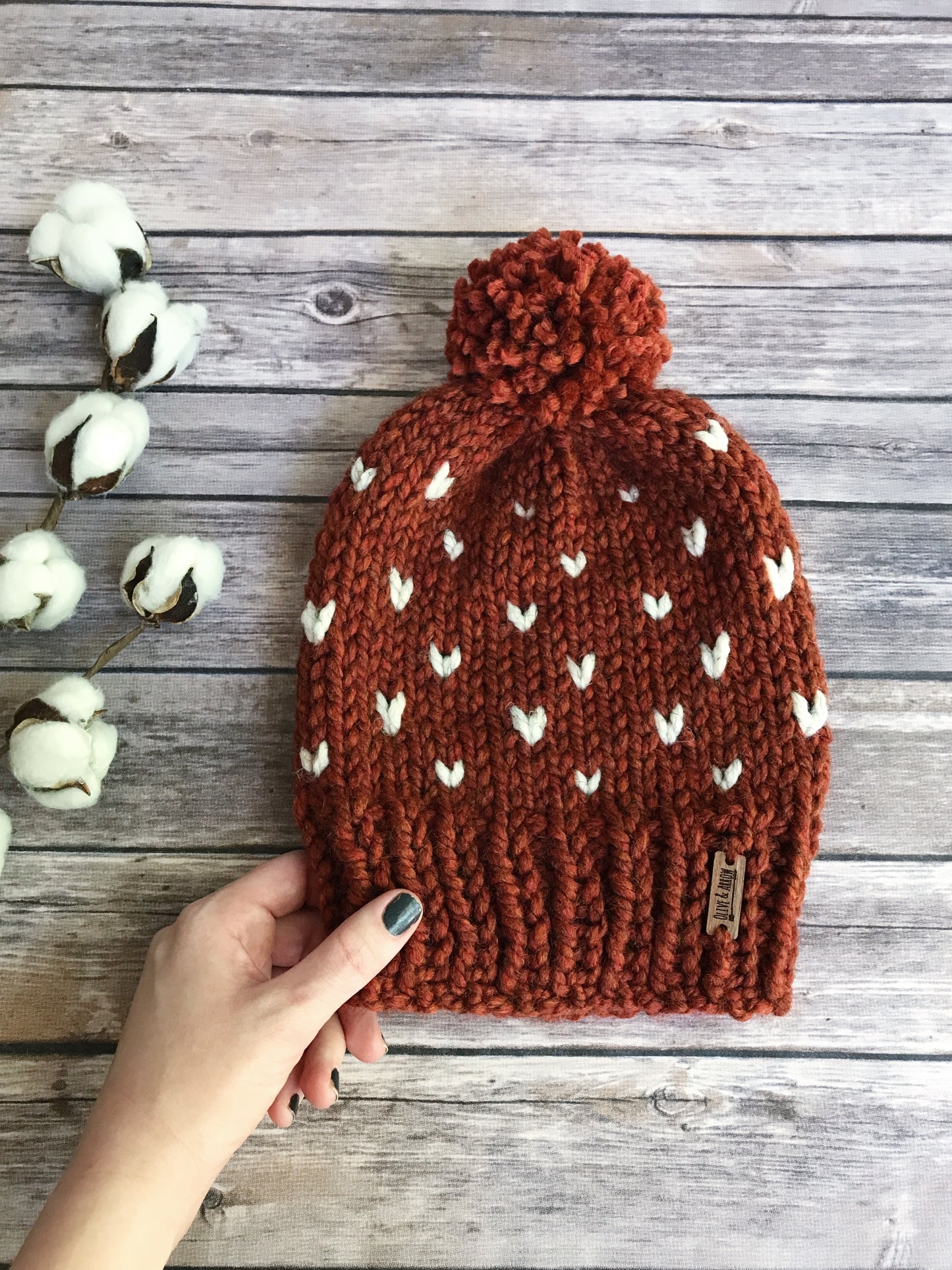 Mommy and Me Hats Knit Fair Isle Baby and Adult Beanie Yarn Pom Pom // Hearts