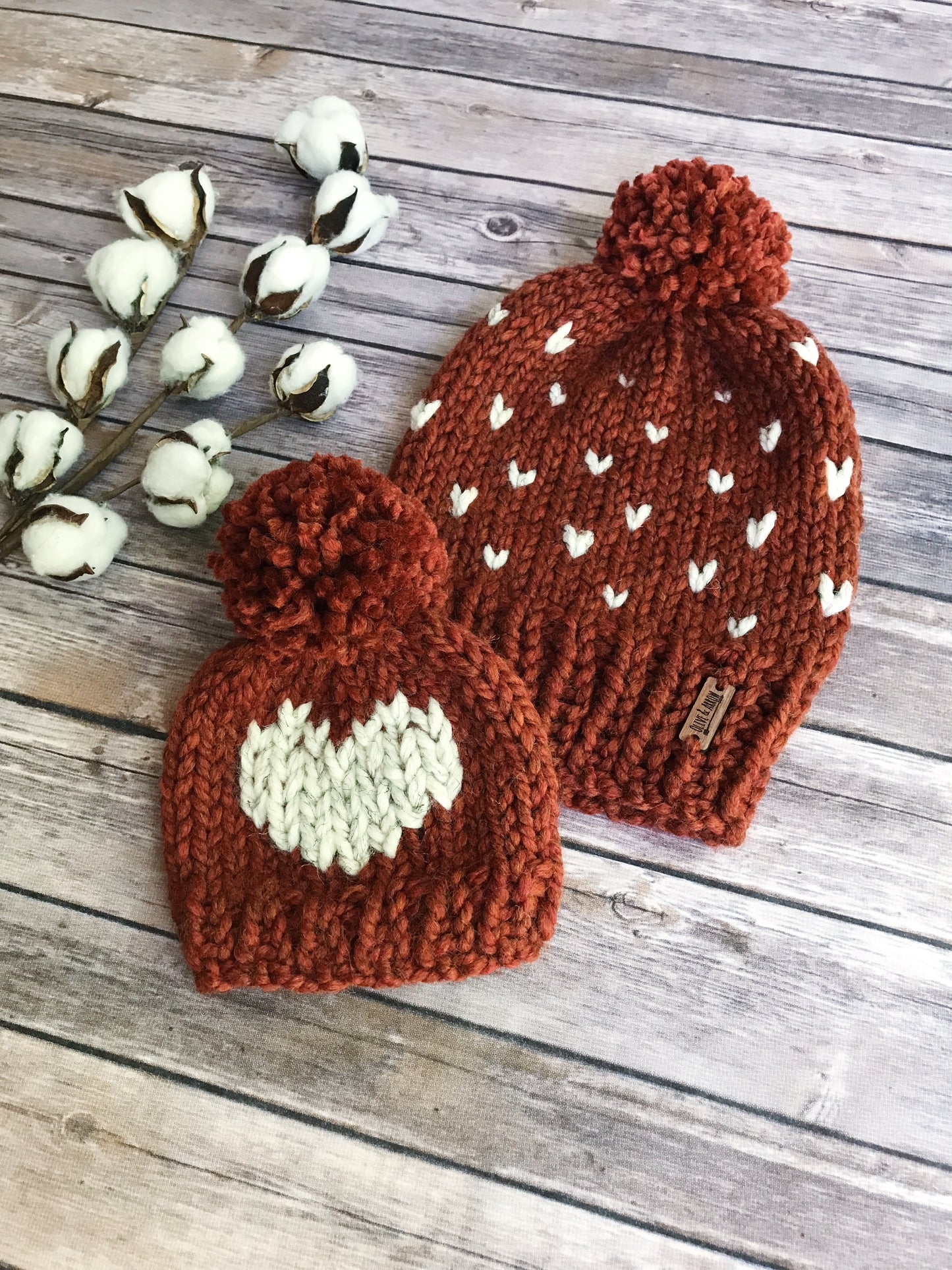 Mommy and Me Hats Knit Fair Isle Baby and Adult Beanie Yarn Pom Pom // Hearts