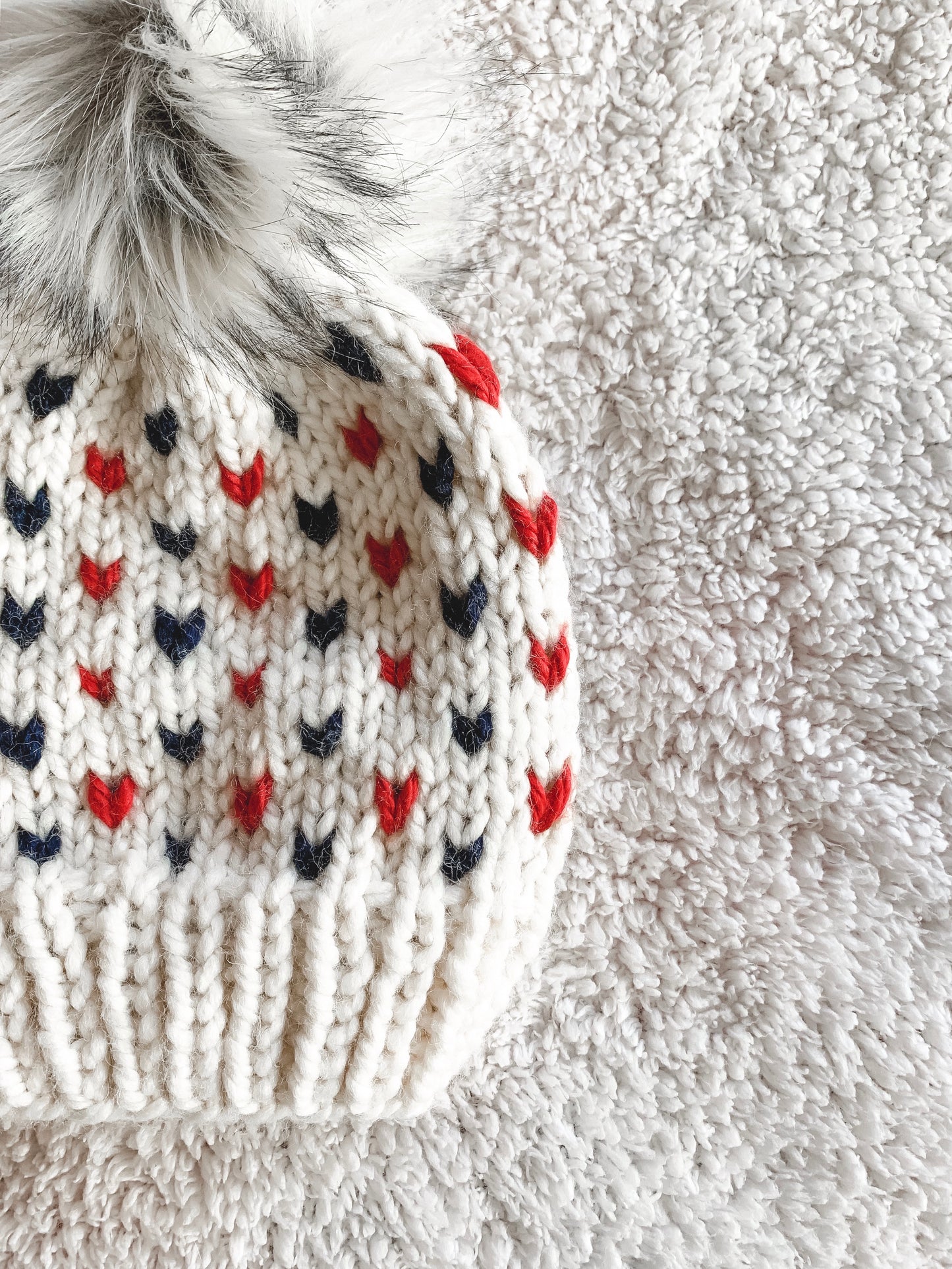 PATRIOTS Adult Knit Beanie Hat Fair Isle with Faux Fur Pom Pom