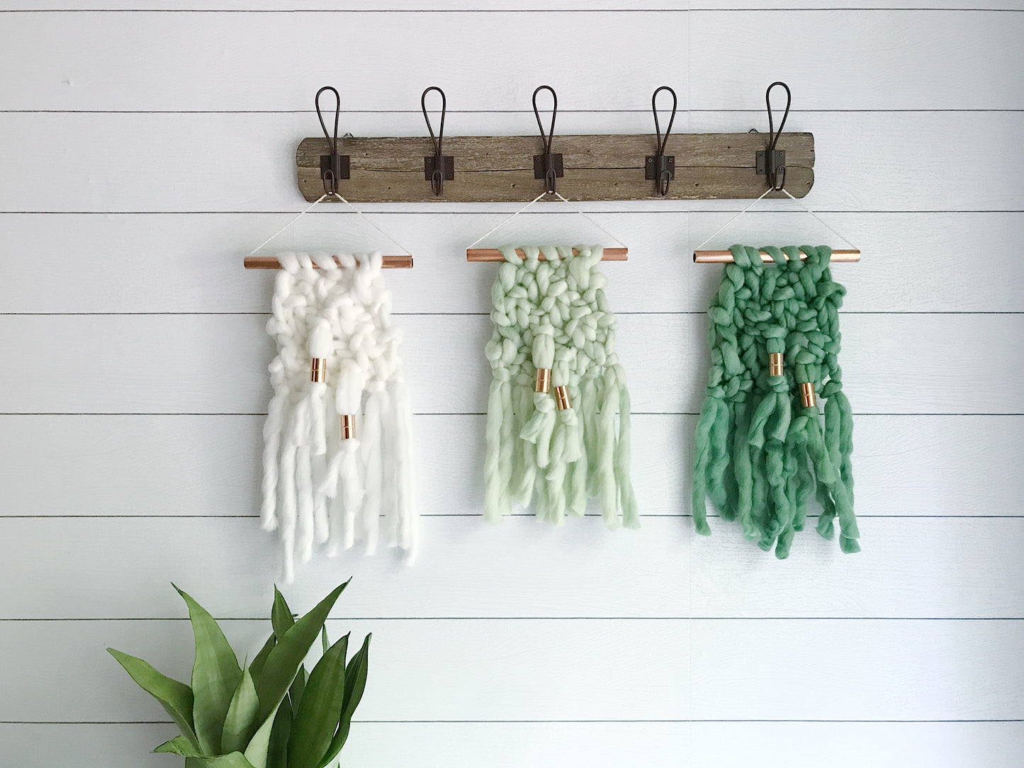 Mini Palm Leaf Green Knit Wall Hanging with Copper Detail
