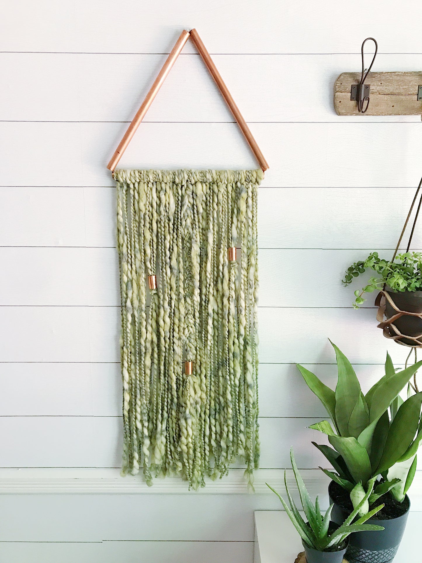Palm Leaf Green Copper Triangle Yarn Wall Hanging