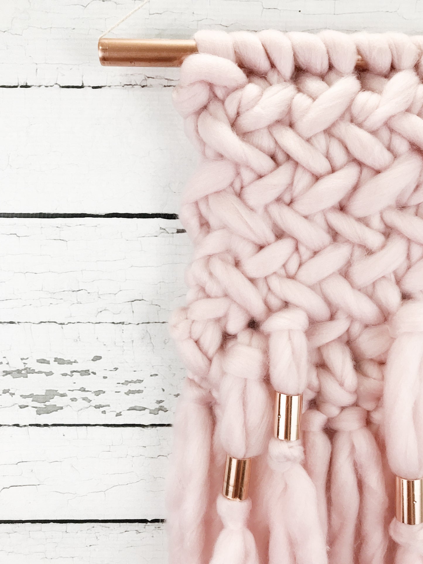Blush Pink Knit Wall Hanging with Copper Detail // Regular Size
