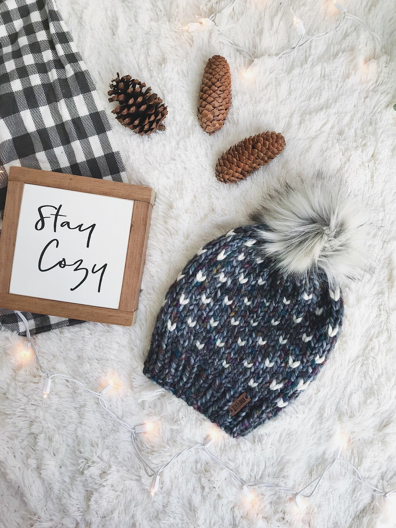 Knit Adult Hat Fair Isle Hearts Beanie Faux Fur Pom Pom