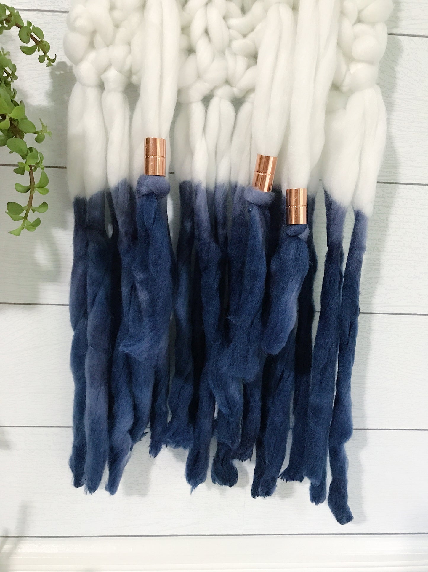 Indigo Blue Dip Dye Ombré Knit Wall Hanging with Copper Detail